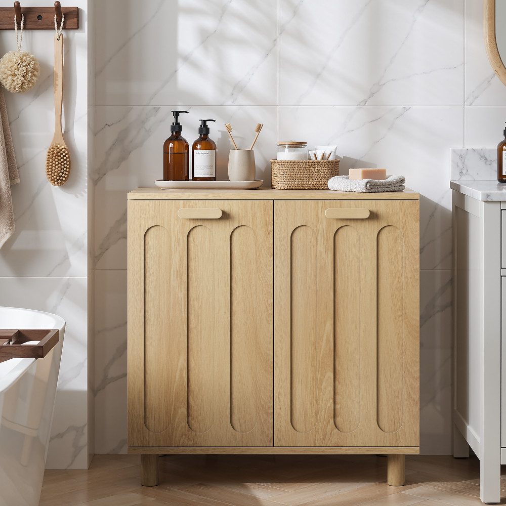 BBWL Wäschekorb Wäschekorb-Schrank 66 x 35 x 67 cm, 2 herausnehmbare Stoffkörbe, kippbar, Wäschesortierer mit Tragegriffen und Kippschutz – Bild 5 von 5