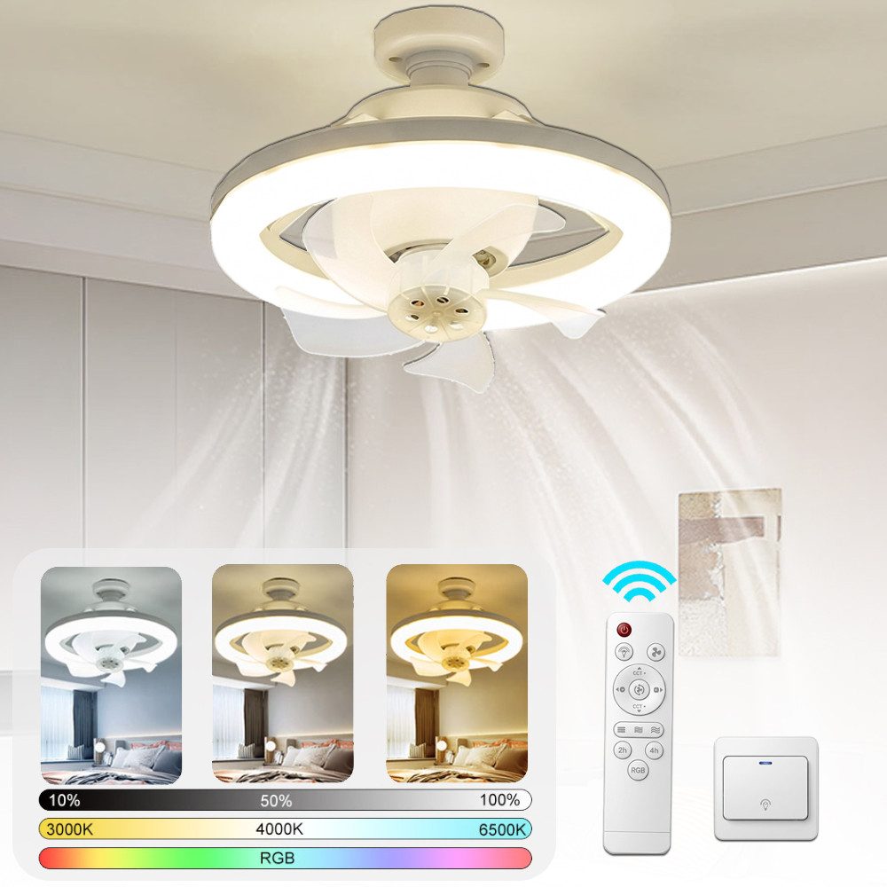 PRIISF LED Deckenleuchte mit Ventilator Deckenlampe Deckenventilator mit Beleuchtung, Ø26cm 40W, 360 ° Schüttelkopf Saugventilatorlicht, E27, Lüfter mit Licht Dimmbar 3000-6500K mit Fernbedienung Timer Leiser LED