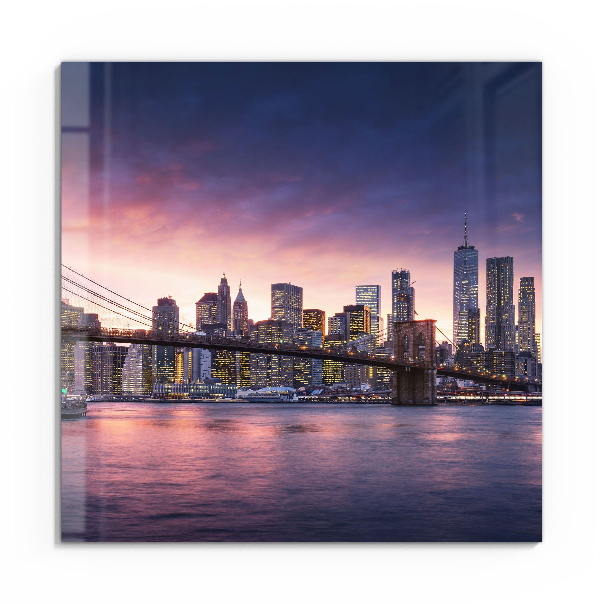 DEQORI Glasbild 'Brooklyn Bridge Abendröte', 'Brooklyn Bridge Abendröte', Glas Wandbild Bild schwebend modern