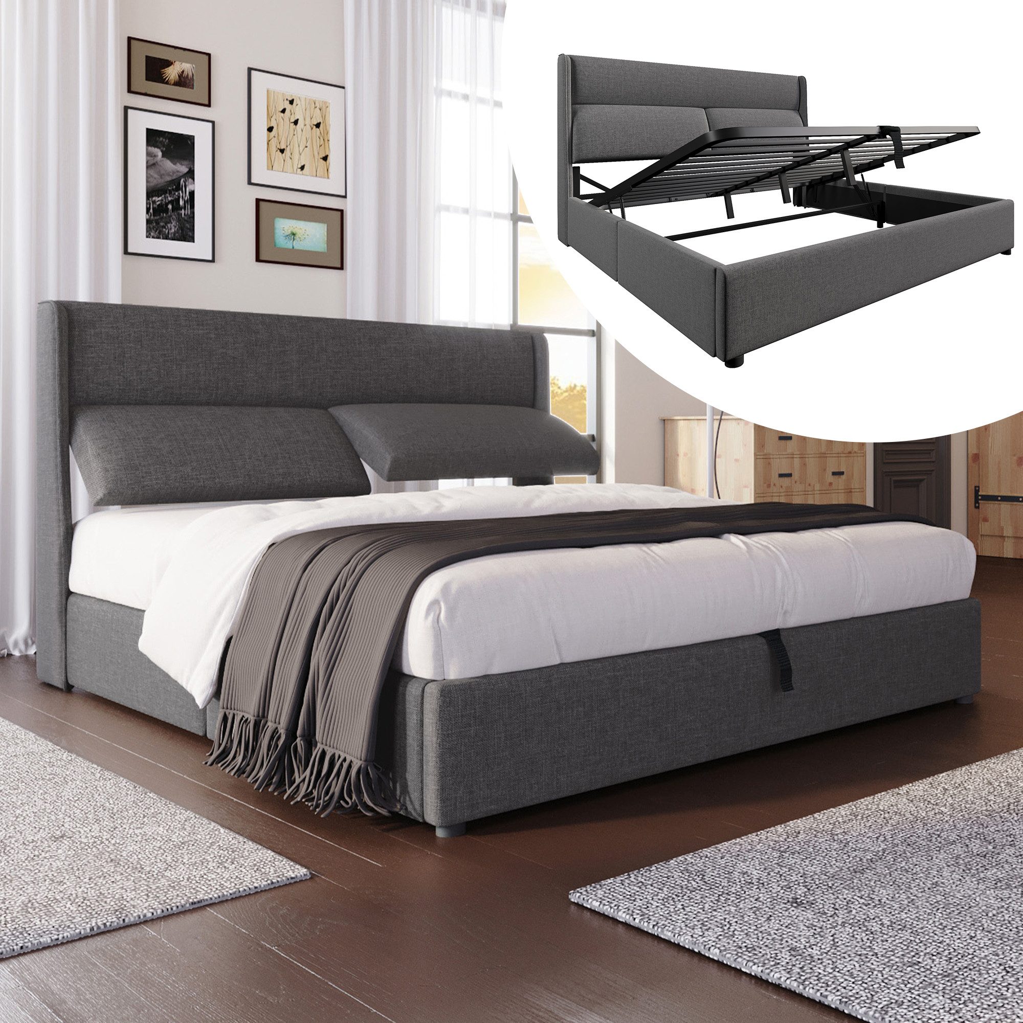 TavilaEcon Boxspringbett Polsterbett mit verstellbarem Kopfteil, Stauraum, aus Leinenmaterial mit Lattenrost
