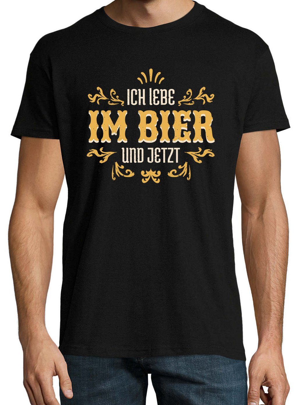 Youth Designz T-Shirt Ich lustigem Und Shirt Bier Lebe Im mit Frontprint Jetzt Herren Schwarz