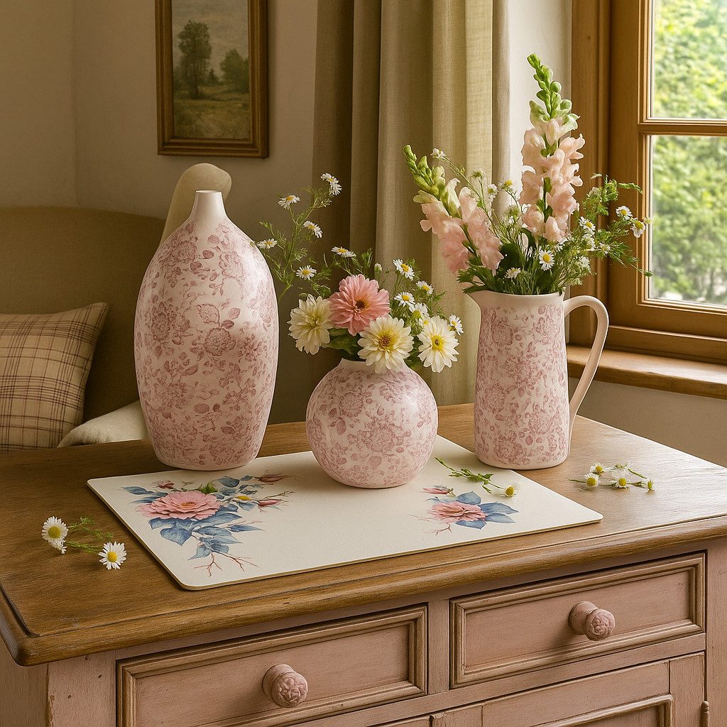 Vosteen Dekovase H19 cm rosa (1 St), Keramik Vase romantisch vintage Blumenmuster