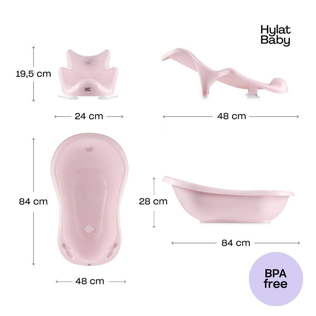 Hylat Baby Babybadewanne Badewannen-Set mit TÜV – Wanne, Sitz, Ständer, Ablauf, 4-tlg. Baby Bade-Set mit TÜV & Ablauf, Hug me - Rosa