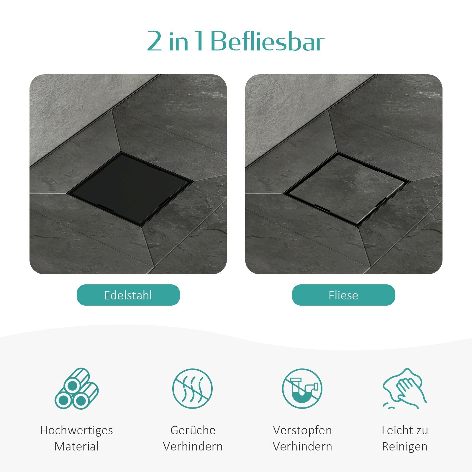 EMKE Duschrinne Edelstahl Bodenablauf Quadratischer Duschrinne 2 in 1 Komplettset, Mit Bodenablaufabdeckung, Geruchsverschluss, Haarsieb,und Siphon – Bild 4 von 5