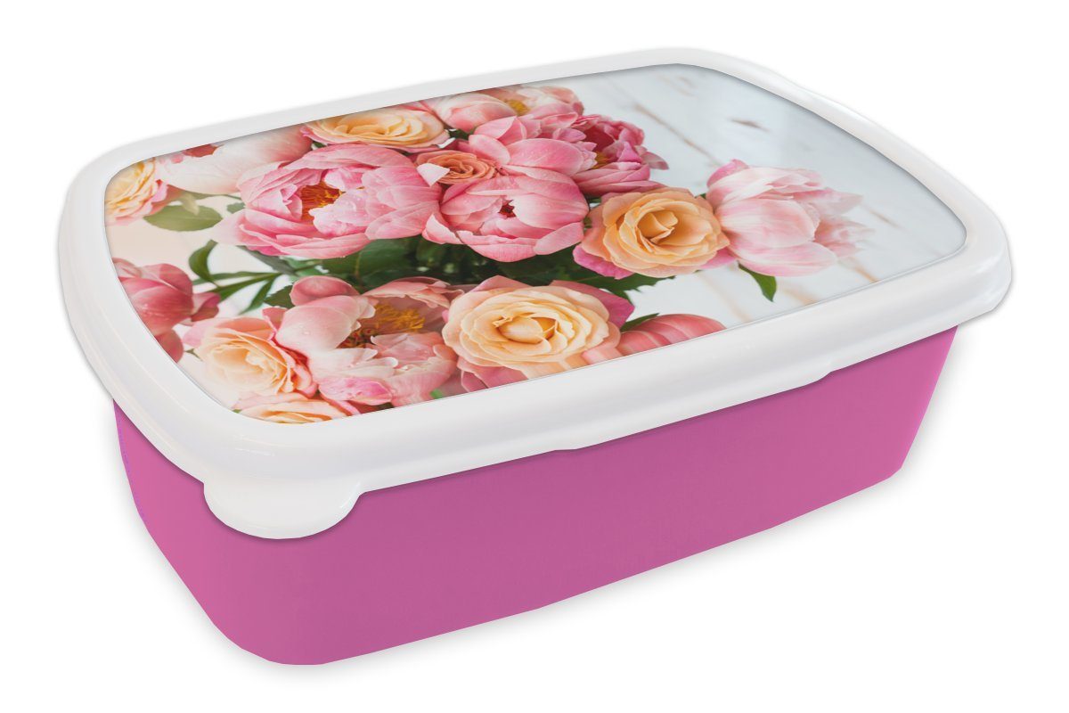 Brotbox Kunststoff Snackbox, für MuchoWow Pfingstrose Brotdose Orange, - Rosen Lunchbox (2-tlg), Kinder, Erwachsene, - Mädchen, rosa Kunststoff,