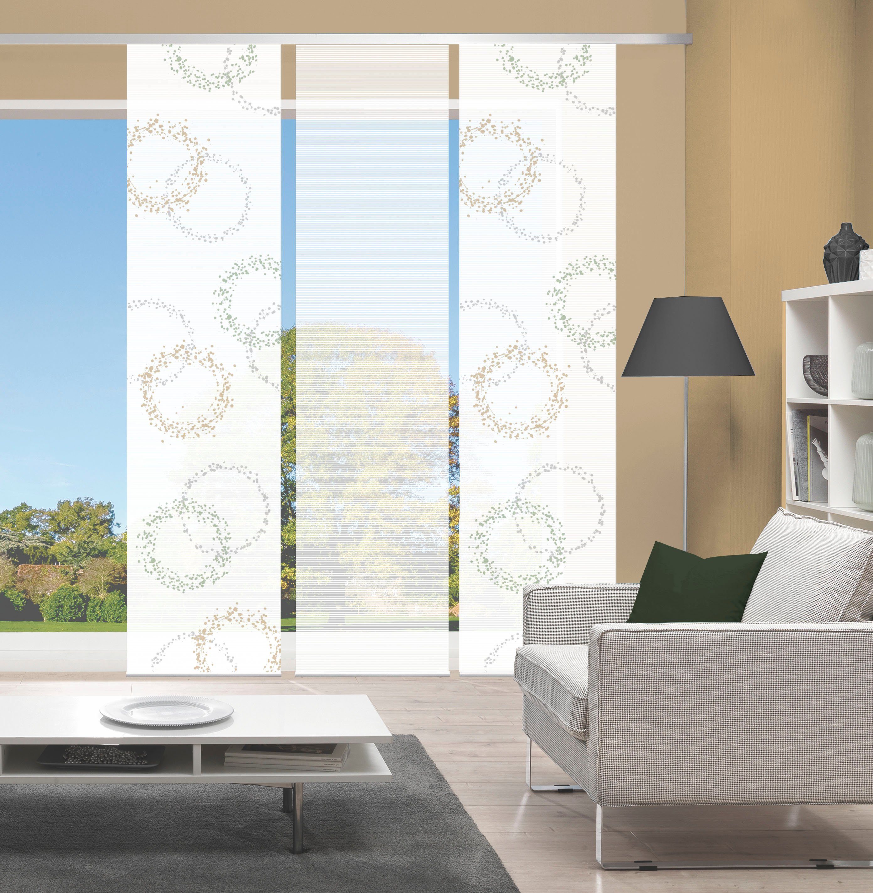 Vision S Schiebegardine AINUR 3er SET (3 St), Paneelwagen, halbtransparent, Schiebevorhang Digidruck 3er Set AINUR