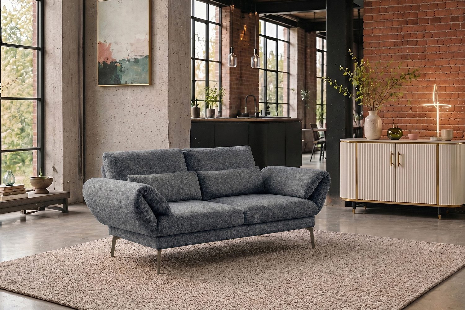 KAWOLA Sofa HOLLY Stoff – Modernes Funktionssofa mit Relaxfunktion, Drehbare Sitze, verstellbare Rückenlehnen, klappbare Armlehnen