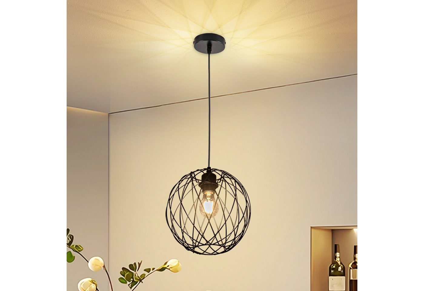 ZMH Pendelleuchte Esszimmer 120CM Schwarz Retro Käfig Gitter E27 Hängeleuchte Flur, Einfache Installation, ohne Leuchtmittel, Rund, 1 Flammig Retro Esstischlampe Wohnzimmer Treppenhaus
