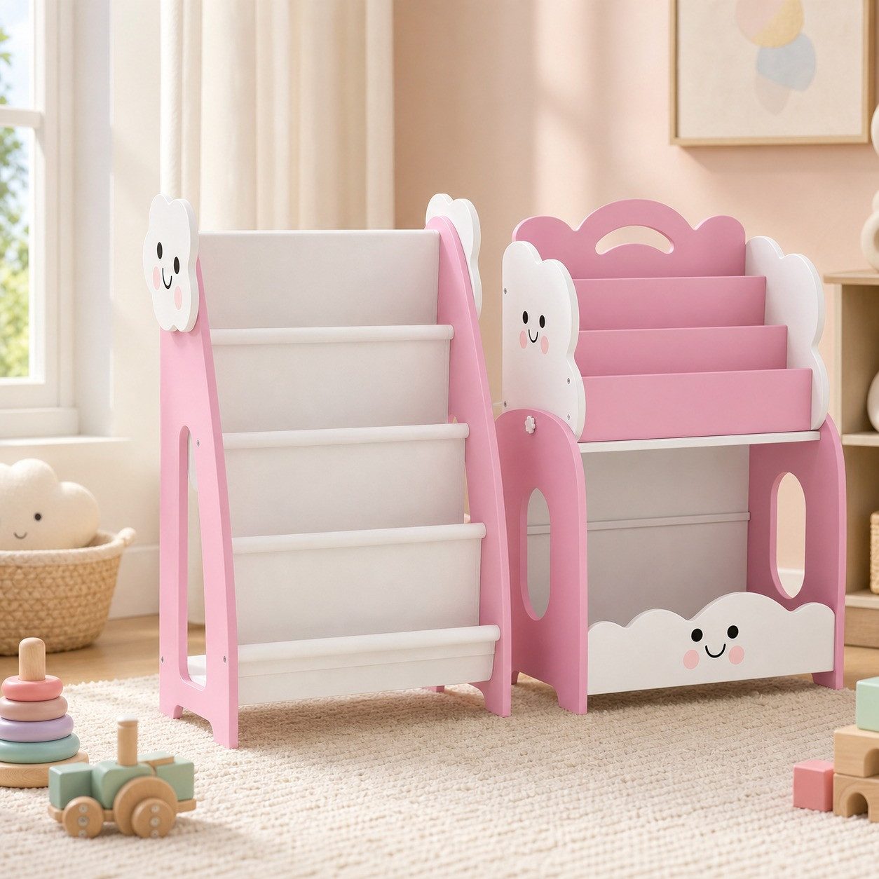OKWISH Kinderregal 3-in-1 Kinderregal, Spielzeugaufbewahrung Regal, Kinder Bücherregal, Rosa, Kinderzimmer Möbel Organizer, platzsparendes Aufbewahrungsregal 3-tlg., modulares Bücherregal, 4 Stofftaschen, 3 Ebenen Regal & Nachttisch