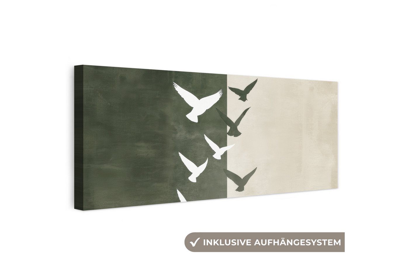 OneMillionCanvasses® Leinwandbild Panorama Japandi - Vogel - Grün, Fotodruck (1 St), Wandbild, Deko Schlafzimmer Wohnzimmer Flur 60x20 cm