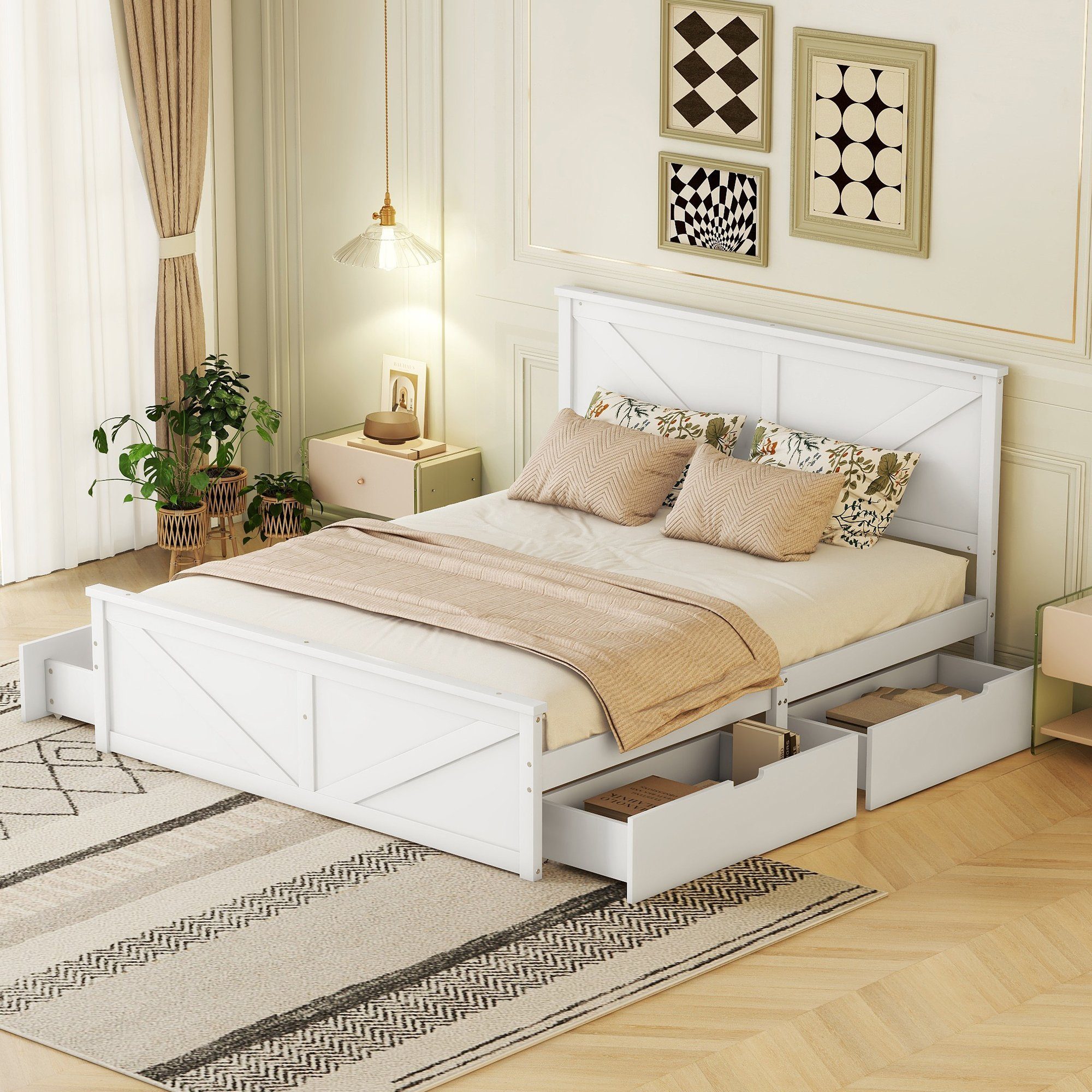 SOFTWEARY Massivholzbett Doppelbett mit Lattenrost, Kopfteil und 4 Schubladen (160x200 cm), Holzbett aus Kiefer weiß