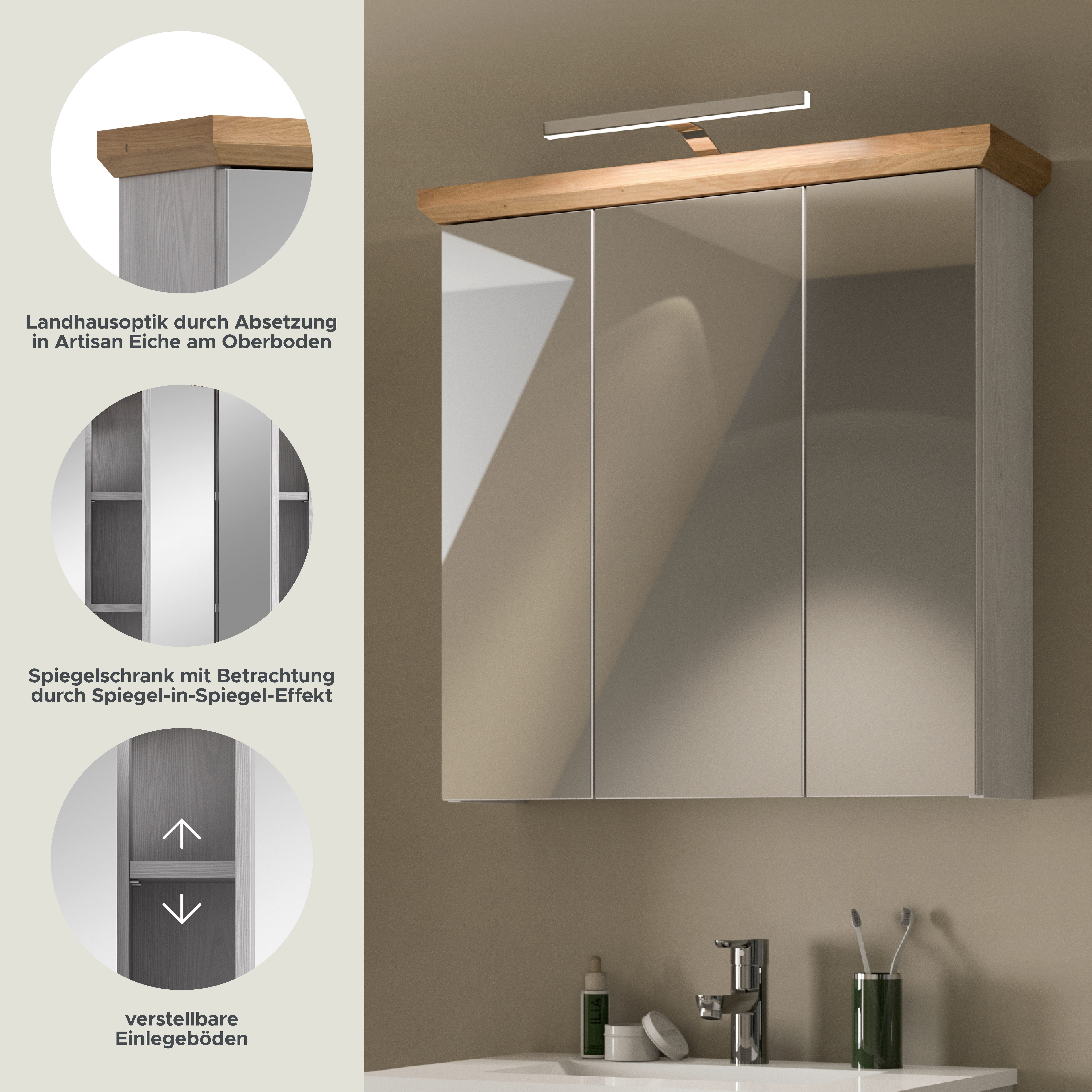 welltime Spiegelschrank COSENZA, inkl. Beleuchtung, Breite 69cm, 3 Spiegeltüren, 9 Fächer (2-St., in Landhausoptik, mit weiteren Artikel der Serie kombinierbar) Spiegelschrank, Spiegel, Bad, Badezimmer
