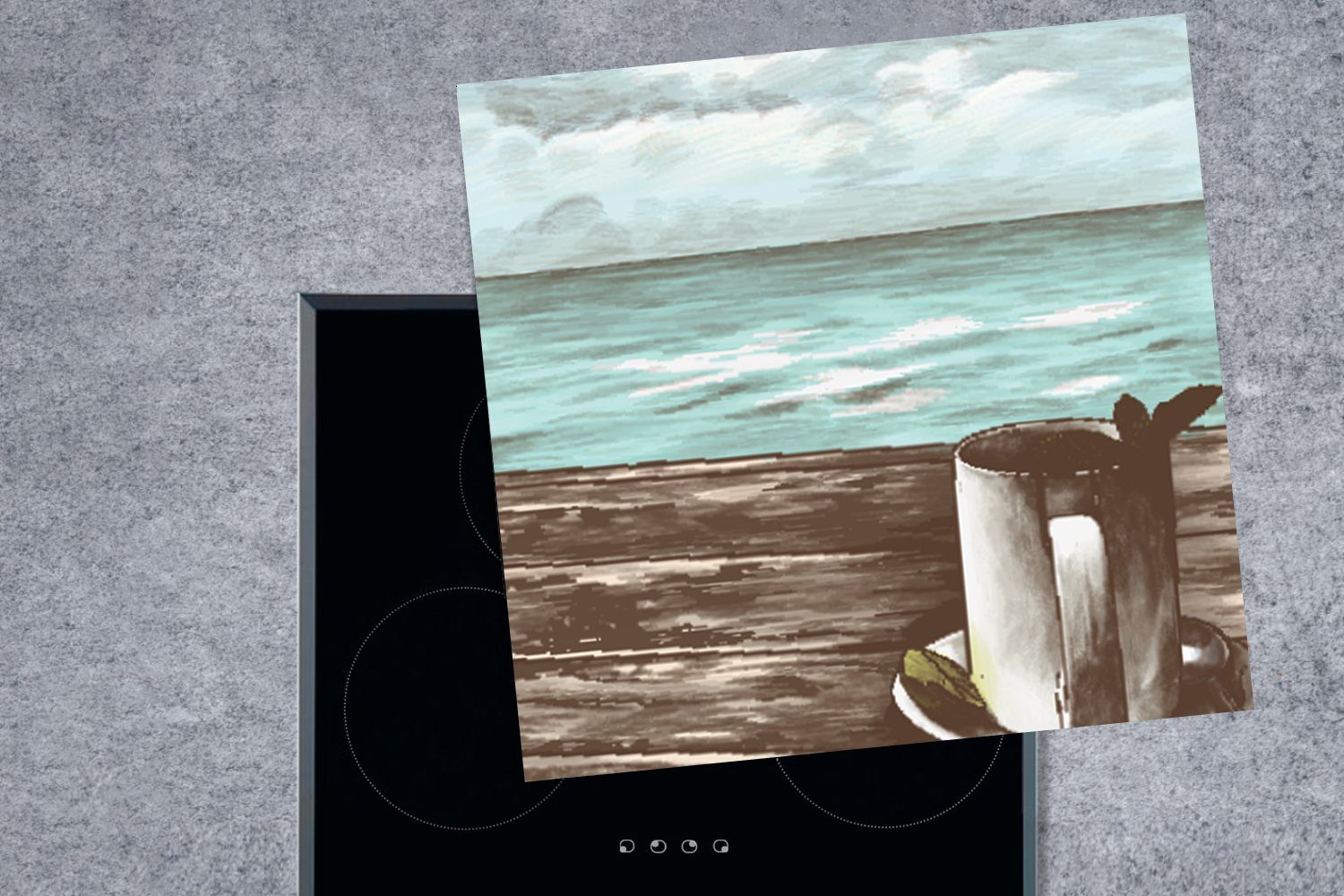 MuchoWow Herdblende-/Abdeckplatte Meer - Tee cm, für Vinyl, Arbeitsplatte küche - 78x78 (1 Becher, Ceranfeldabdeckung, tlg)