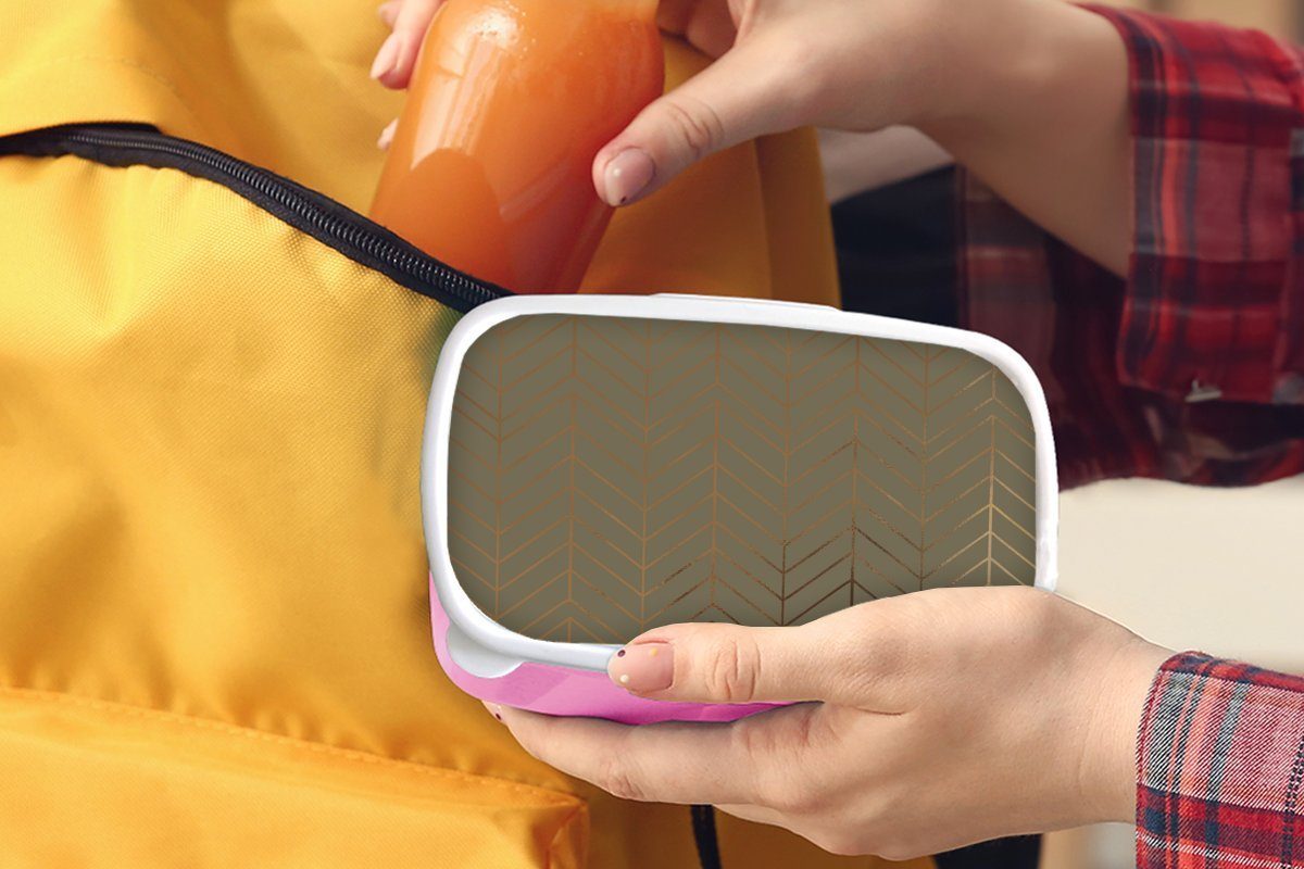 MuchoWow Lunchbox Muster - Linie rosa Brotbox Brotdose - Kunststoff (2-tlg), Gold - Grün, Mädchen, Erwachsene, für Kinder, Kunststoff, Snackbox