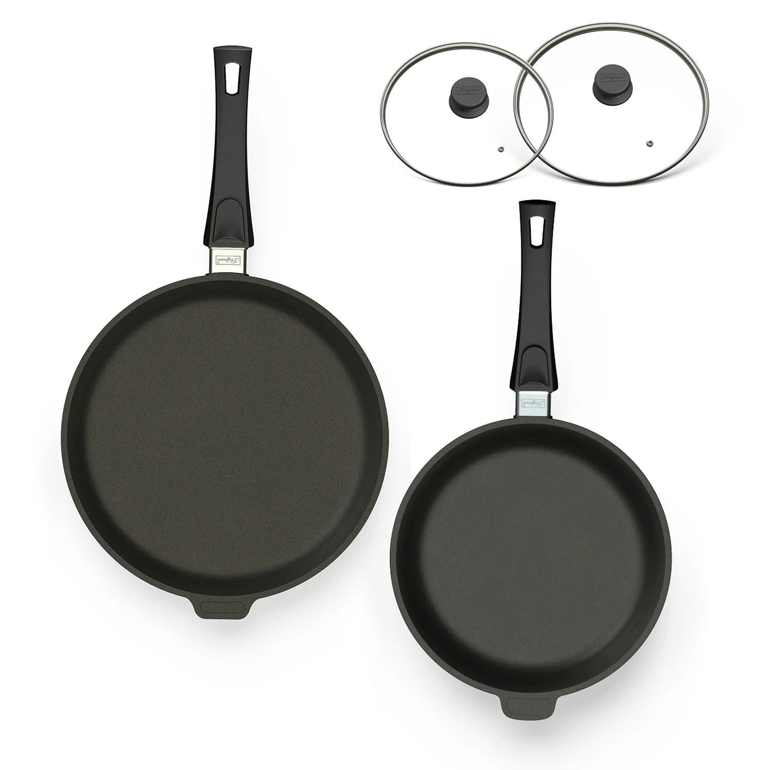 Hoffmann Germany Pfannen-Set Induktion Starter 4-tlg. Ø 24 & 28 cm mit Deckel – Made in Germany, Aluguss (Set, 4-tlg., 1x Bratpfanne Ø 28 cm + 1x Hochrandpfanne Ø 24 cm + 2x Glasdeckel), abnehmbarer Griff, Antihaft, backofenfest bis 250°C, Induktion