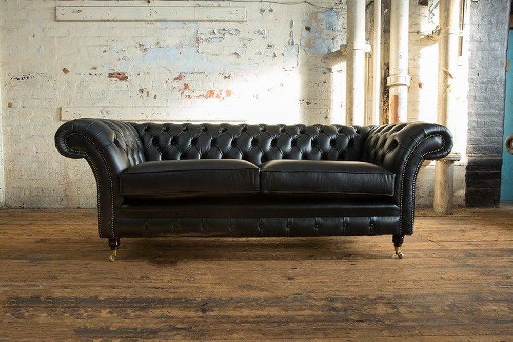 JVmoebel 3-Sitzer Chesterfield Sofa aus Leder mit goldenen Edelstahlfüßen, Made in Europa
