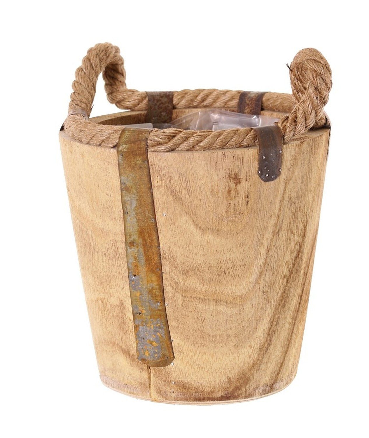 artplants Blumentopf Holz Übertopf DABIH mit Griffen aus Seil, braun, 19cm, Ø20cm