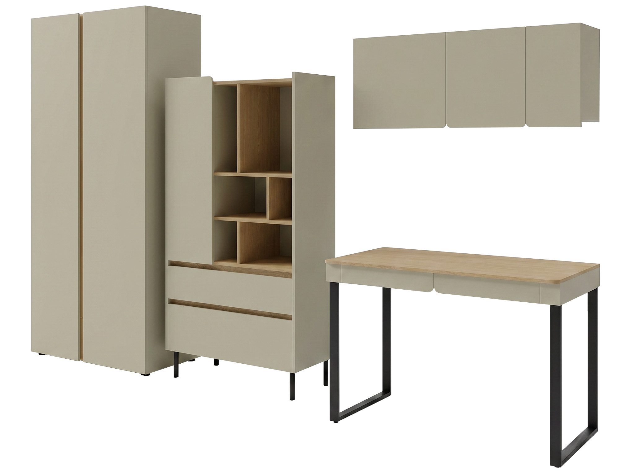 Beautysofa Jugendzimmer-Set LICO im modernen Stil, (Kinderzimmer Möbel grifflos, Set 4-teilig Kleiderschrank Bücherregal Schreibtisch Hängeregal), moderne Farben Sandbeige oder Eukalyptus