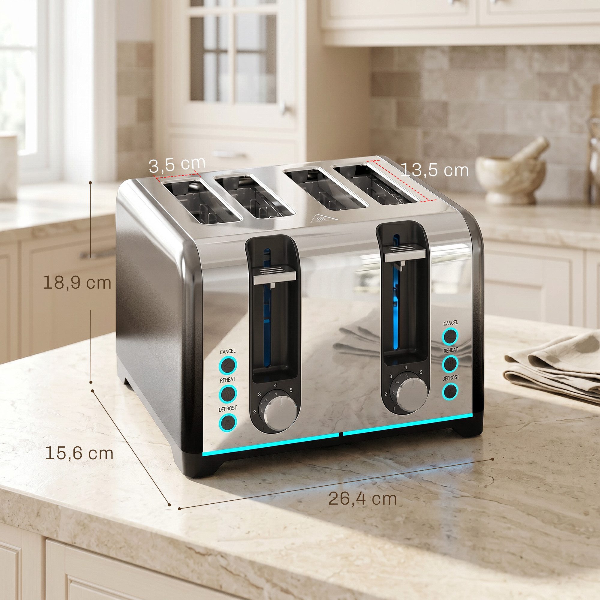 HOMCOM Toaster selbstzentrierende Schlitze, 4 kurze Schlitze, für 4 Scheiben, 1860 W, 4 Schlitze, 7 Bräunungsstufen, Auftauen, Aufwärmen, Auto-Abschaltung