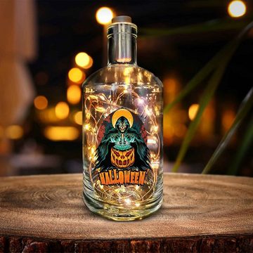 GRAVURZEILE Lichterkette Flasche mit UV-Druck - im Halloween Reaper Design, 20 LEDs Lichterkette mit Schalter am Korken Drahtlichterkette