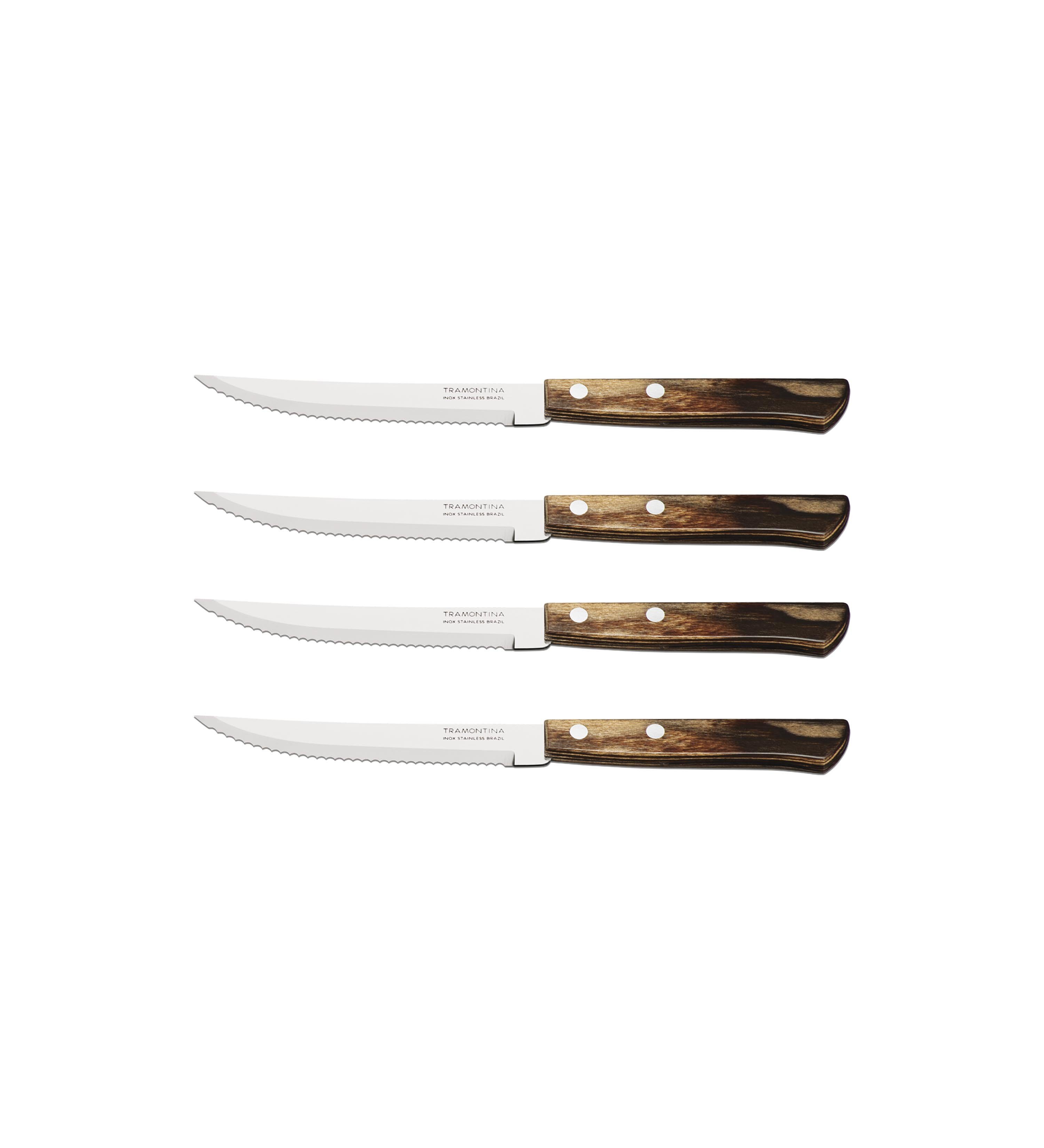 Tramontina Steakmesser Steak-/Pizzamesser Set für 4 Personen (4 Stück), Echtholzgriff, Edelstahl AISI 420, spülmaschinenfest, rostfrei