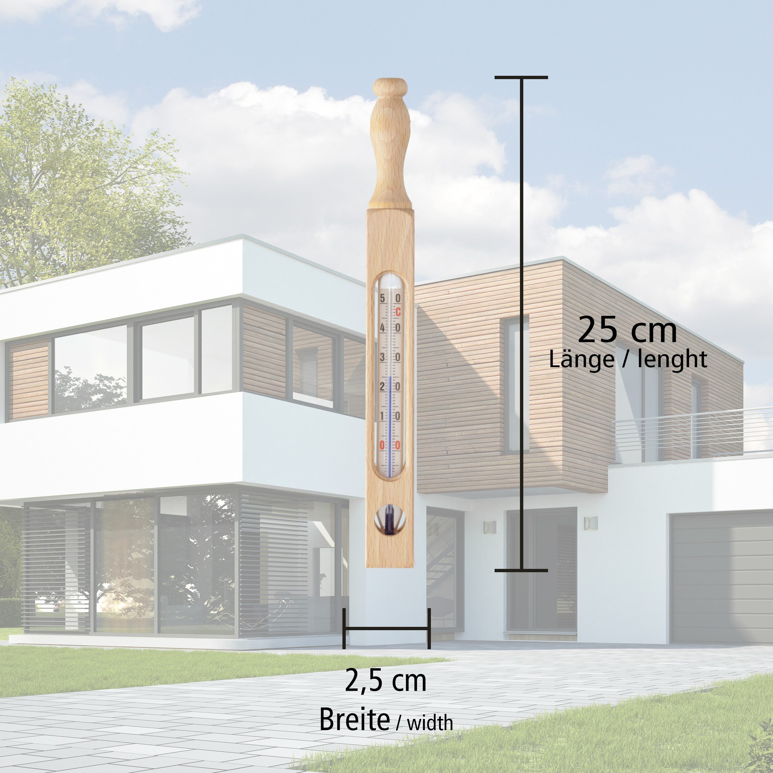 Lantelme Badethermometer Klassisches Holz Bade Thermometer Badezwinge für Badewanne Badewasser, Wasser Thermometer mit Lederband anbei zum aufhängen, 25cm Lang, Temperatur -5 bis +50°C Analog, Deutsche Herstellung