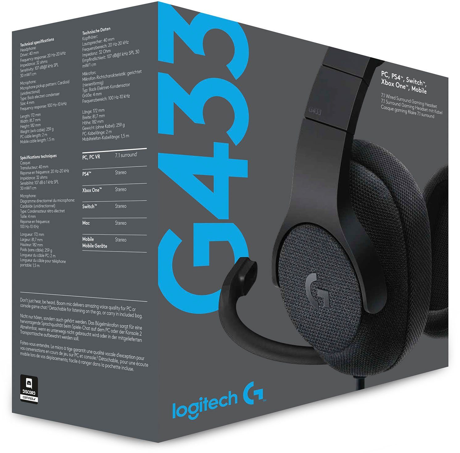 G Gaming-Headset G433 Rauschunterdrückung) abnehmbar, (Mikrofon Logitech