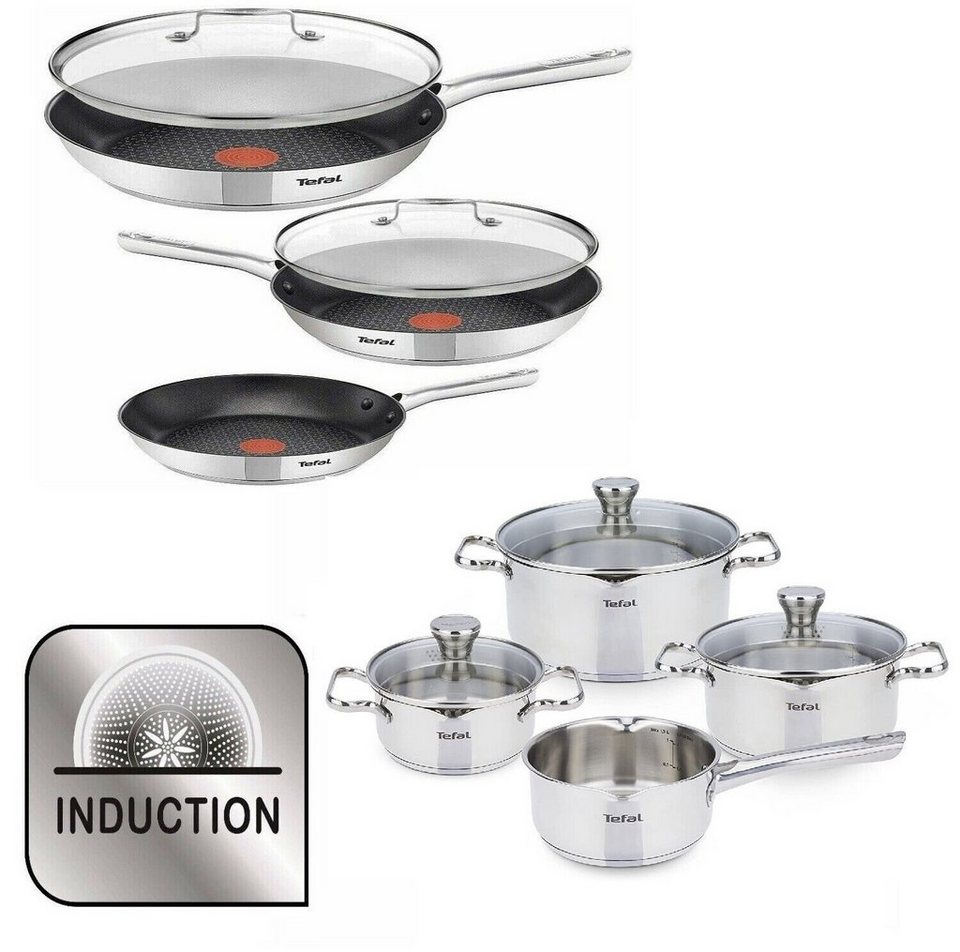 Tefal Topf-Set Premium Set XXXL DUETTO, Edelstahl (12-tlg), 4 Kochtöpfe 5  Glasdeckel 3 Bratpfannen