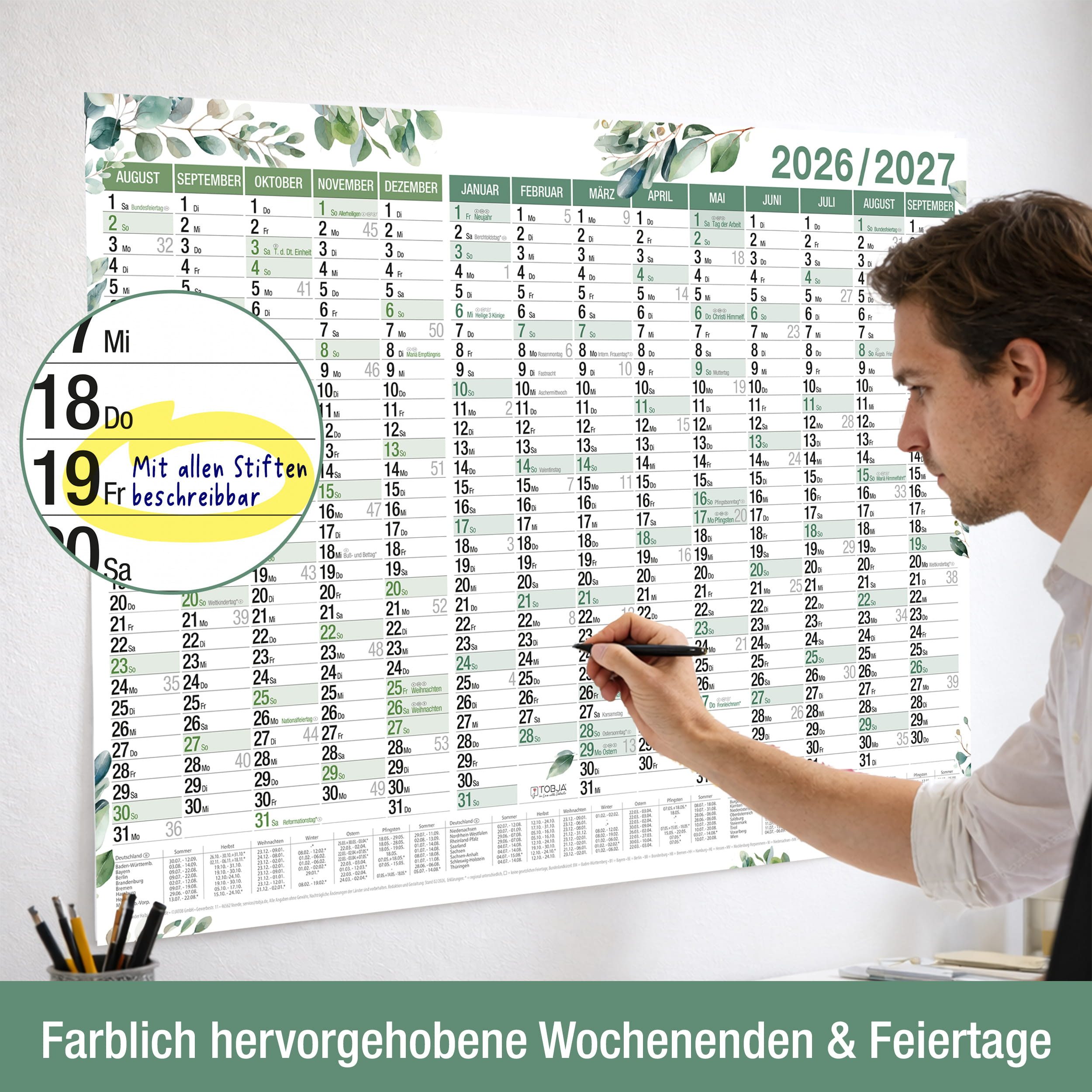 TOBJA Wandkalender Schuljahreskalender A1 2026/2027 "Eukalyptus" 14 Monate Jahresplaner, Wandkalender, Jahresplaner Ferien & Feiertage DE/AT – Bild 4 von 5