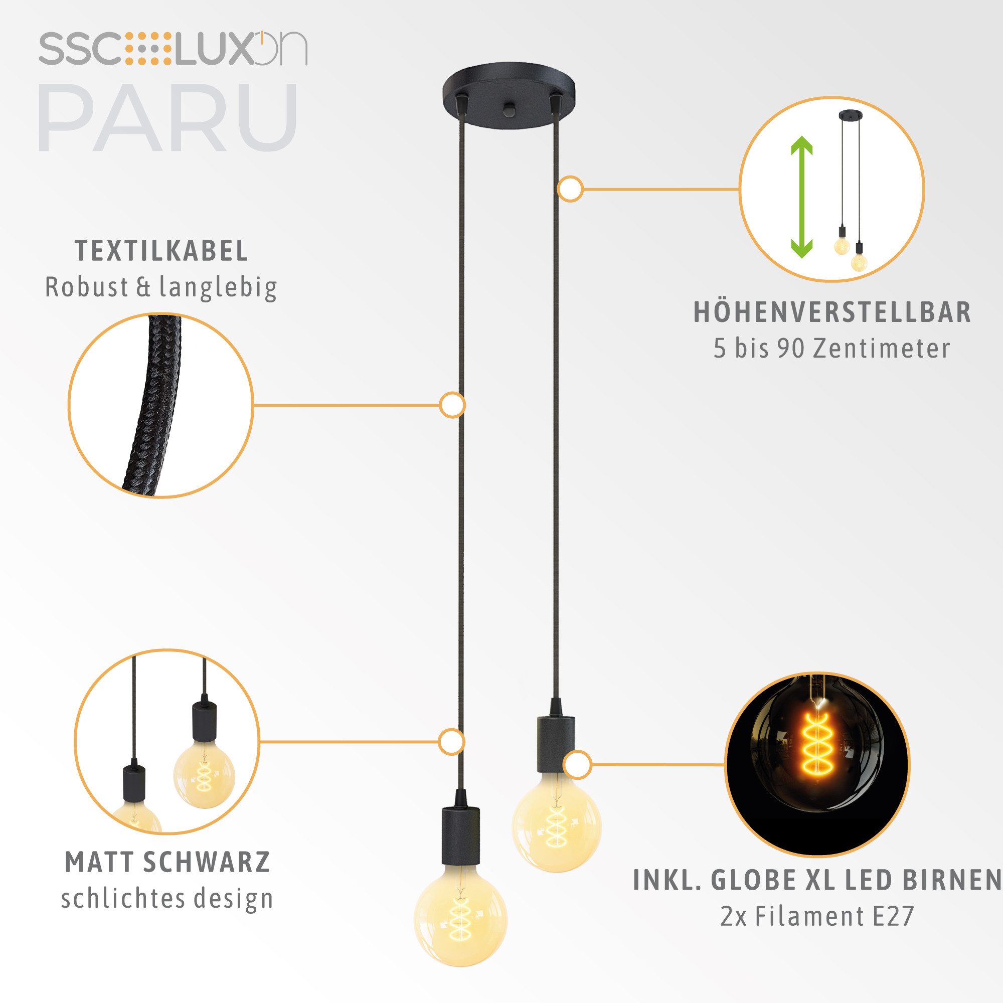 SSC-LUXon LED-Hängeleuchte Hängelampe PARU 2-flammig LED E27 Globe XL Birne dimmbar 3W, Extra Warmweiß