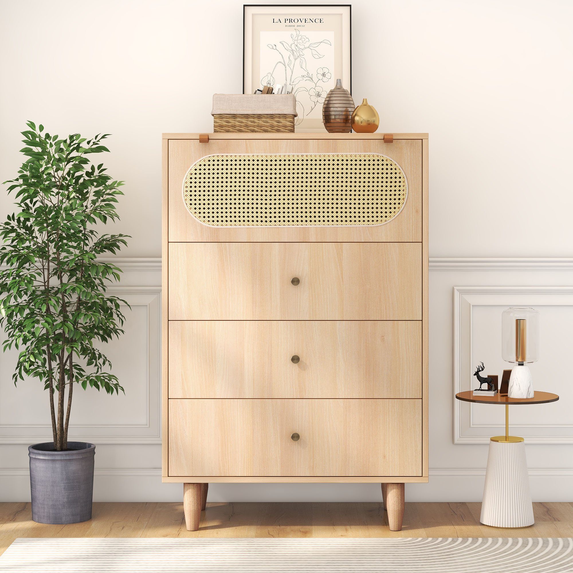 Welikera Anrichte, Hohes Sideboard aus Holz Höhe 120 cm, 3 Schubladen, Rattantür