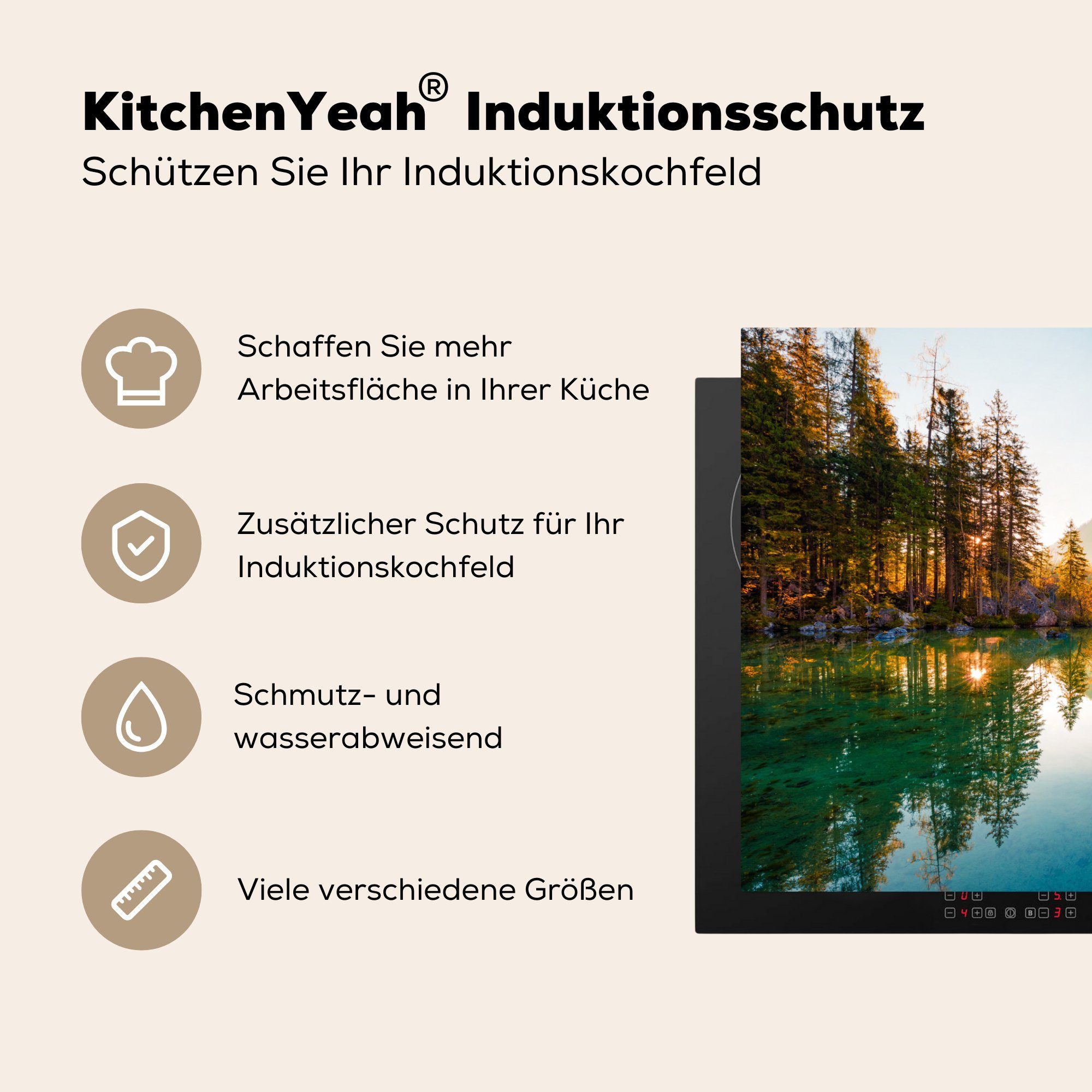 MuchoWow Herdblende-/Abdeckplatte See - Wald (1 Sonne tlg), Ceranfeldabdeckung Vinyl, Schutz Landschaft, Natur cm, Berge für Induktionskochfeld küche, - - die - - 81x52