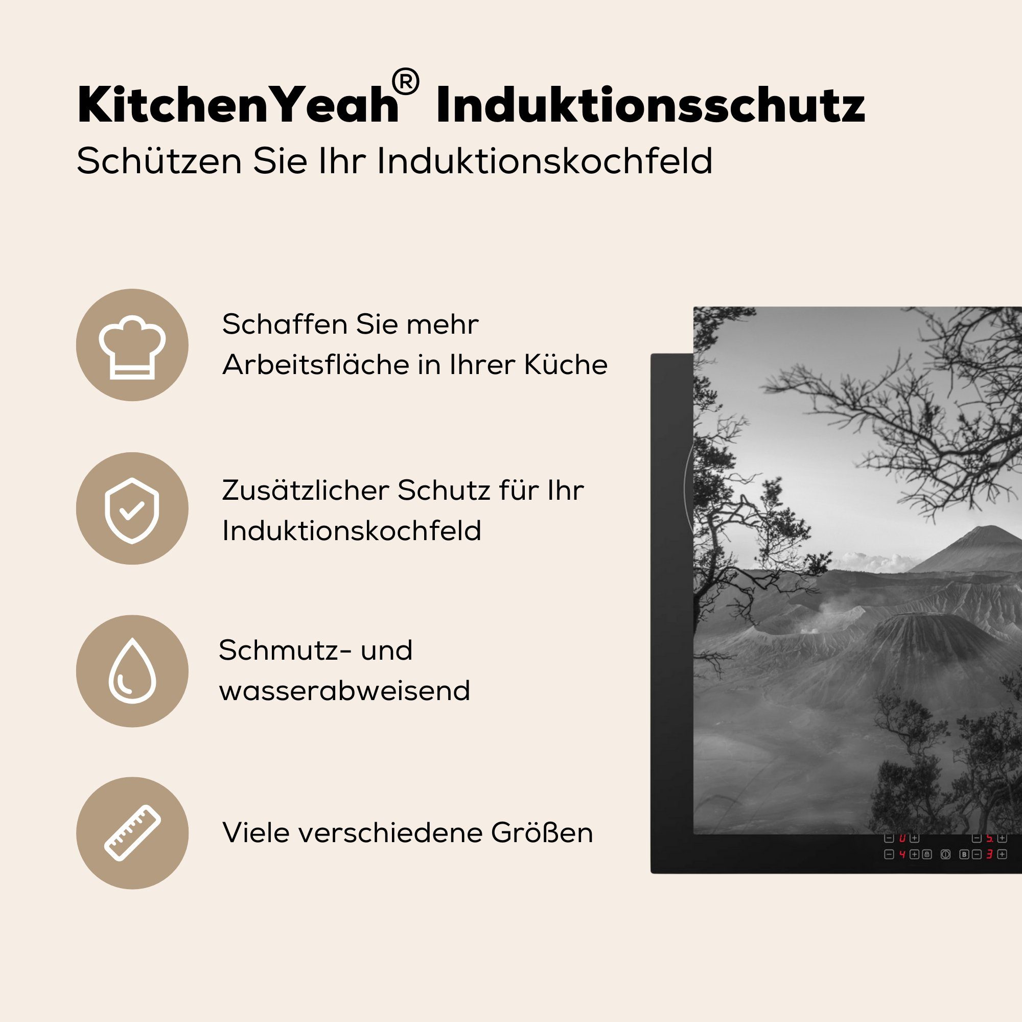 - Berge, Arbeitsplatte Vinyl, Herdblende-/Abdeckplatte (1 78x78 - cm, tlg), küche - Vulkan Schwarz für MuchoWow Ceranfeldabdeckung, Weiß