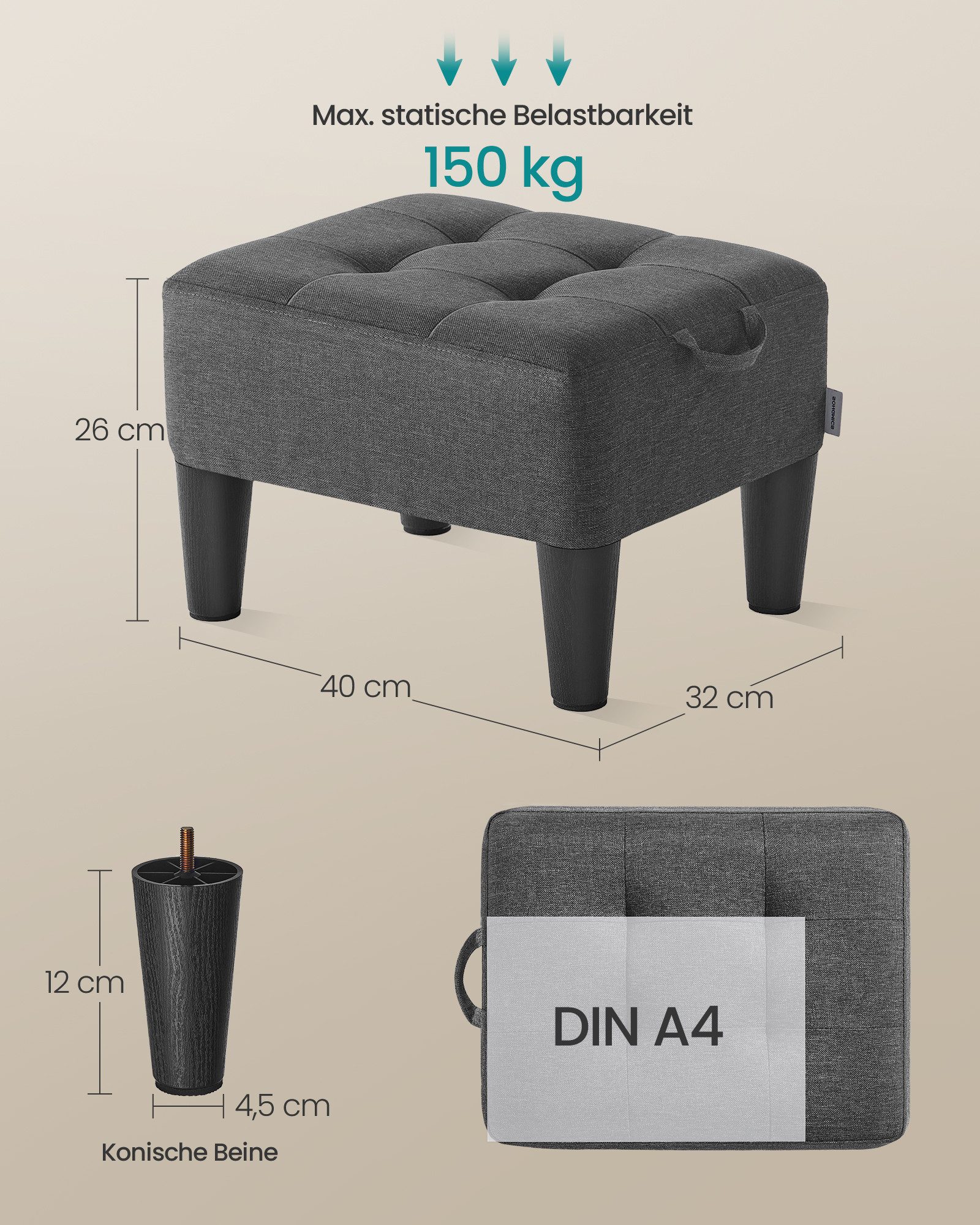 SONGMICS Sitzhocker Fußhocker, Samt, Hocker, dicke Polsterung, bis 150 kg belastbar