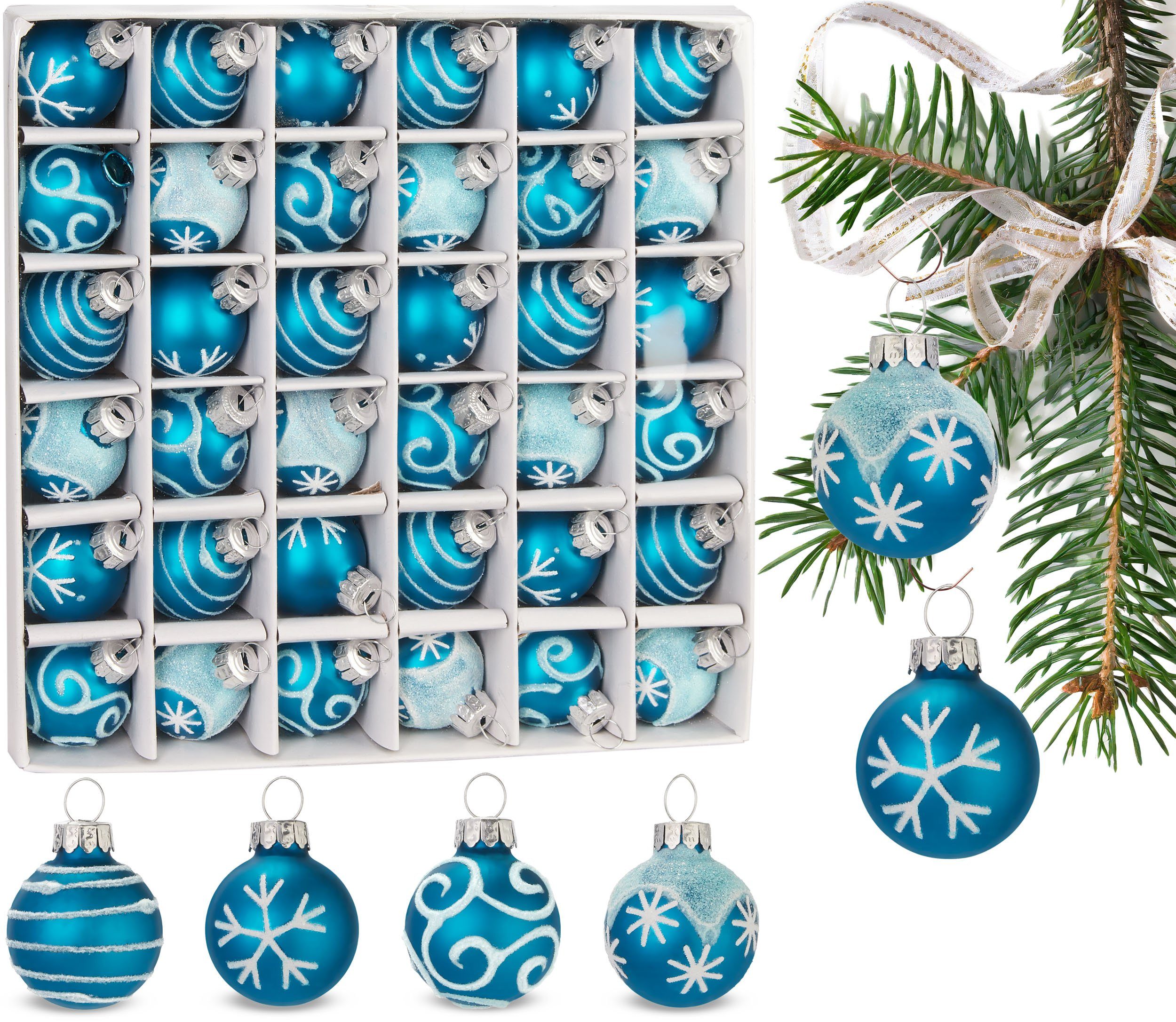 BRUBAKER Weihnachtsbaumkugel Weihnachtskugeln mit 3 cm Baumkugeln - Handbemalter Christbaumschmuck (36 St), Mini Kugeln für Weihnachtsbaum und Weihnachtsdekorationen aus Glas Blau