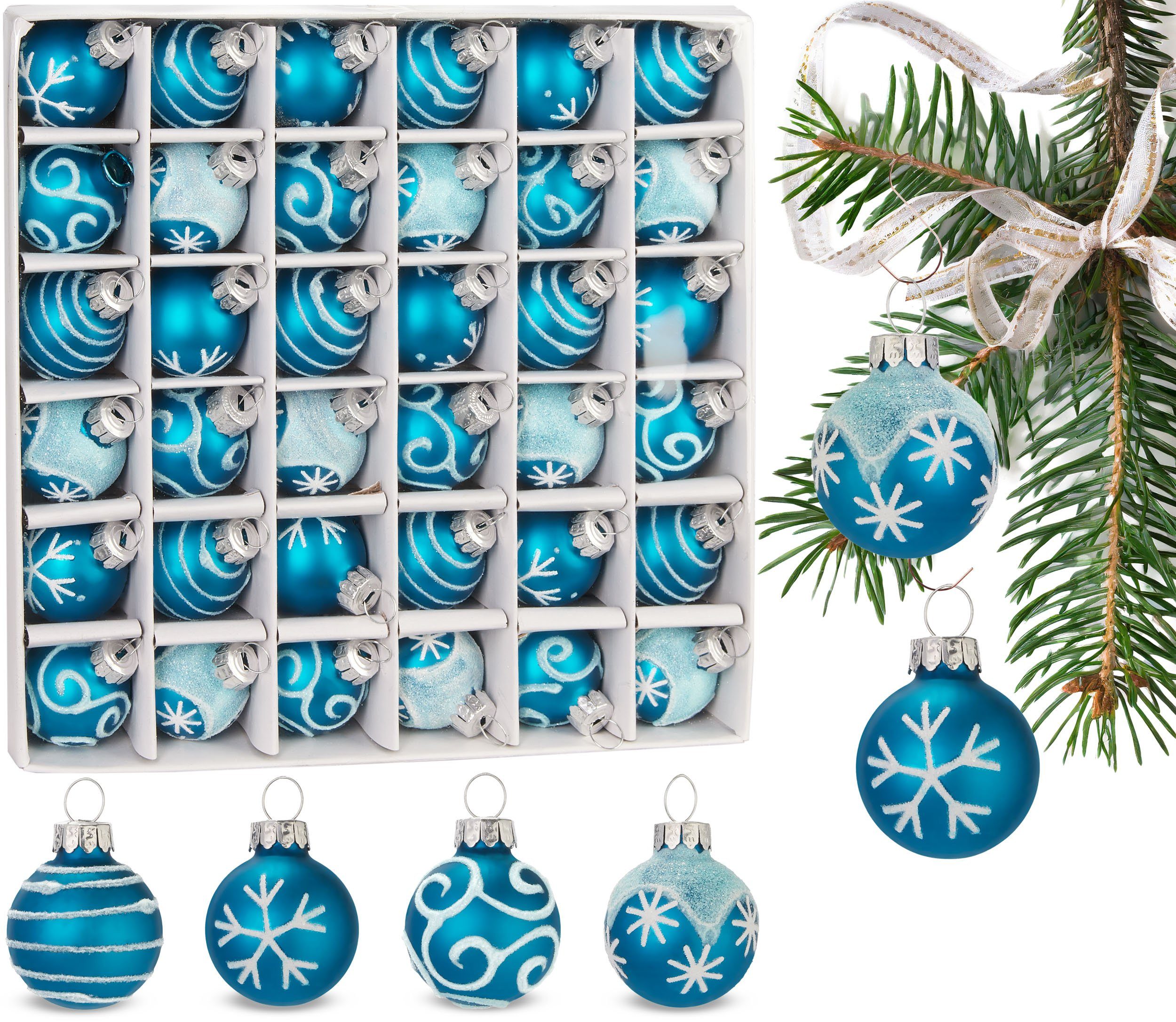 BRUBAKER Weihnachtsbaumkugel Weihnachtskugeln mit 3 cm Baumkugeln - Handbemalter Christbaumschmuck (36 St), Mini Kugeln für Weihnachtsbaum und Weihnachtsdekorationen aus Glas