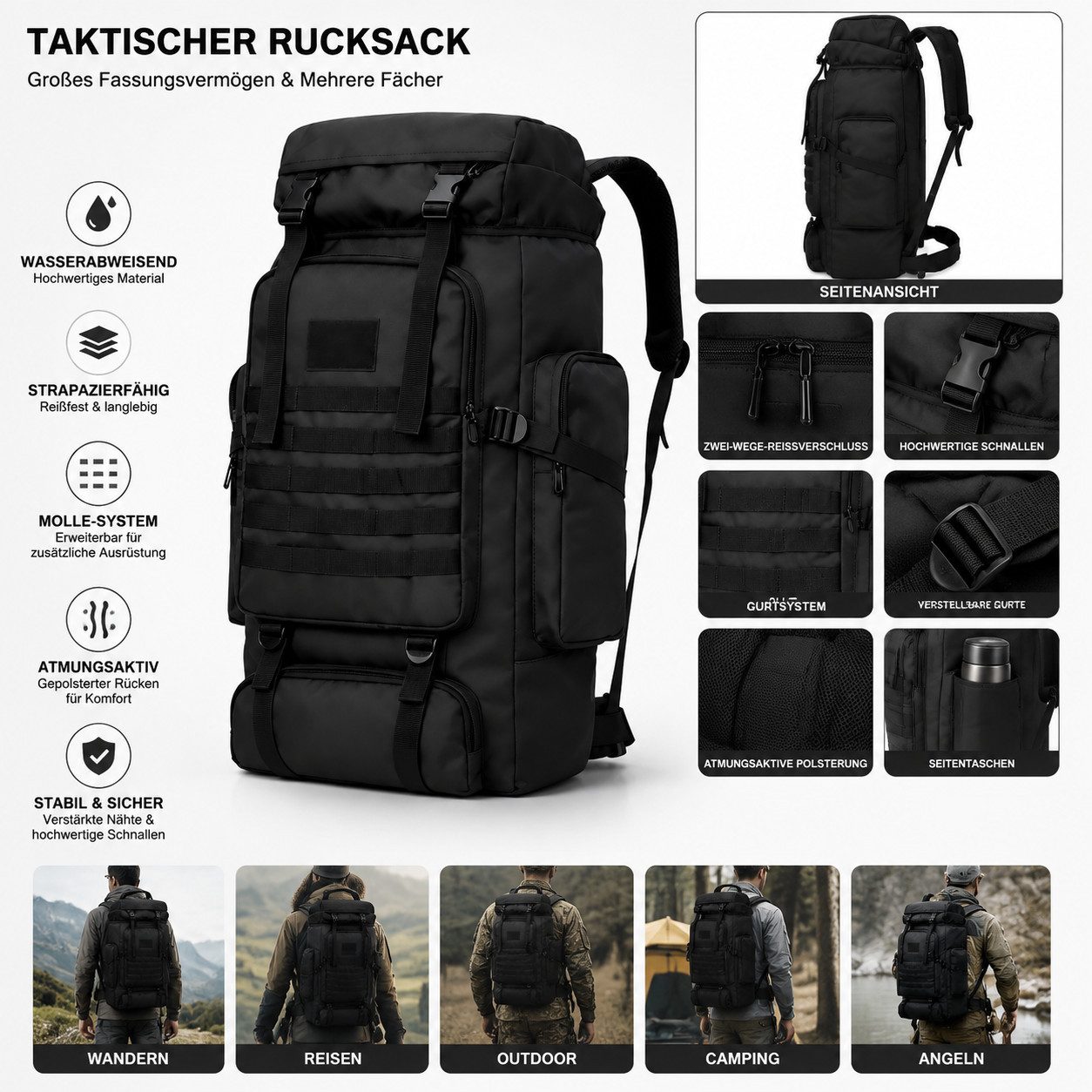 Forrlite Trekkingrucksack Camping Hiking Backpack Sports Bag for Men and Women Hiking, Camping (Tactical Rucksack Schwarz 80L taktisch MOLLE), Separatem Schuhfa – Bild 5 von 5