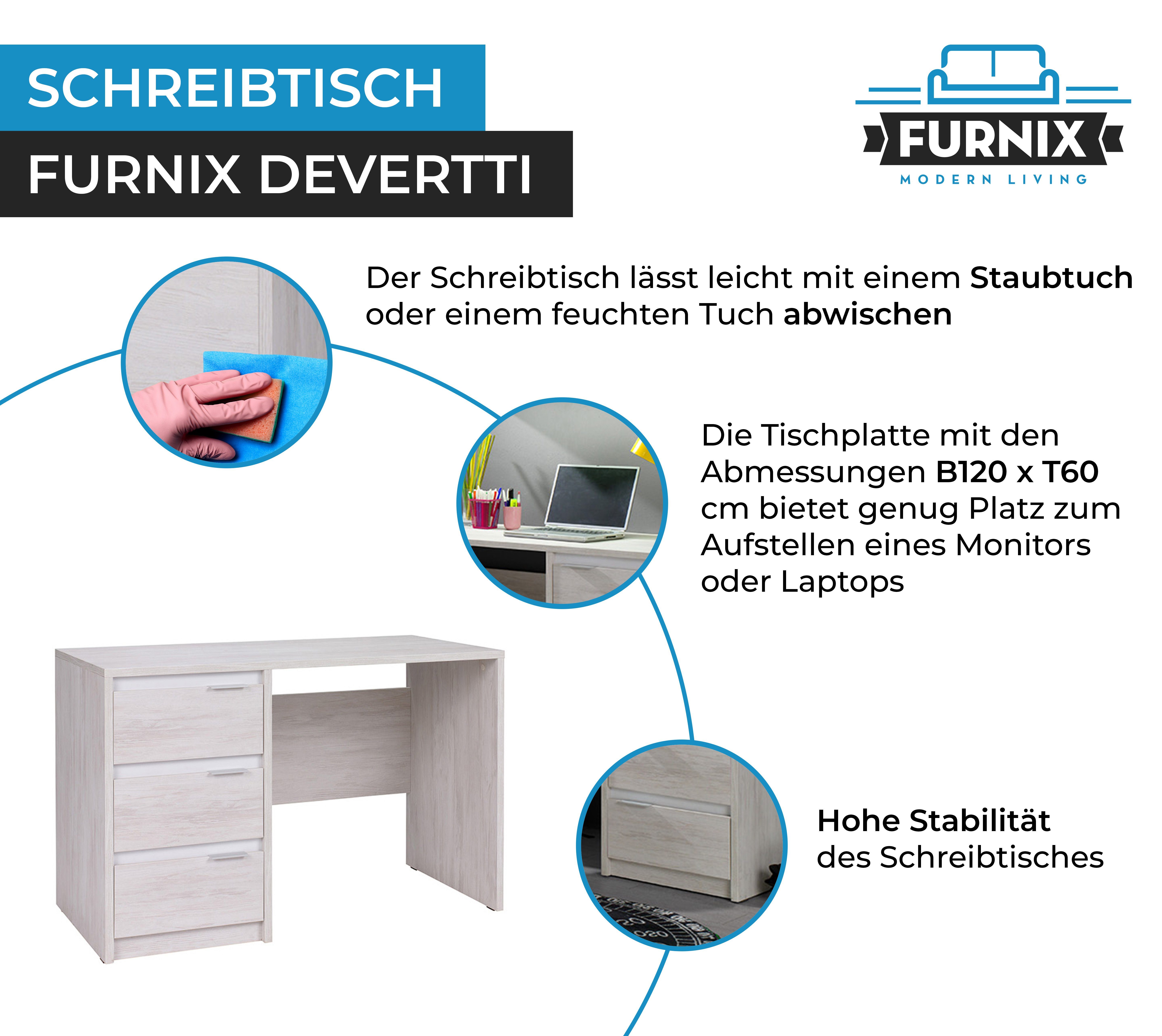 3 x Schubladen, Glanz Schreibtisch T60 Furnix B120 cm Weißeiche-Weiß mit DEVERTTI Maße x H77
