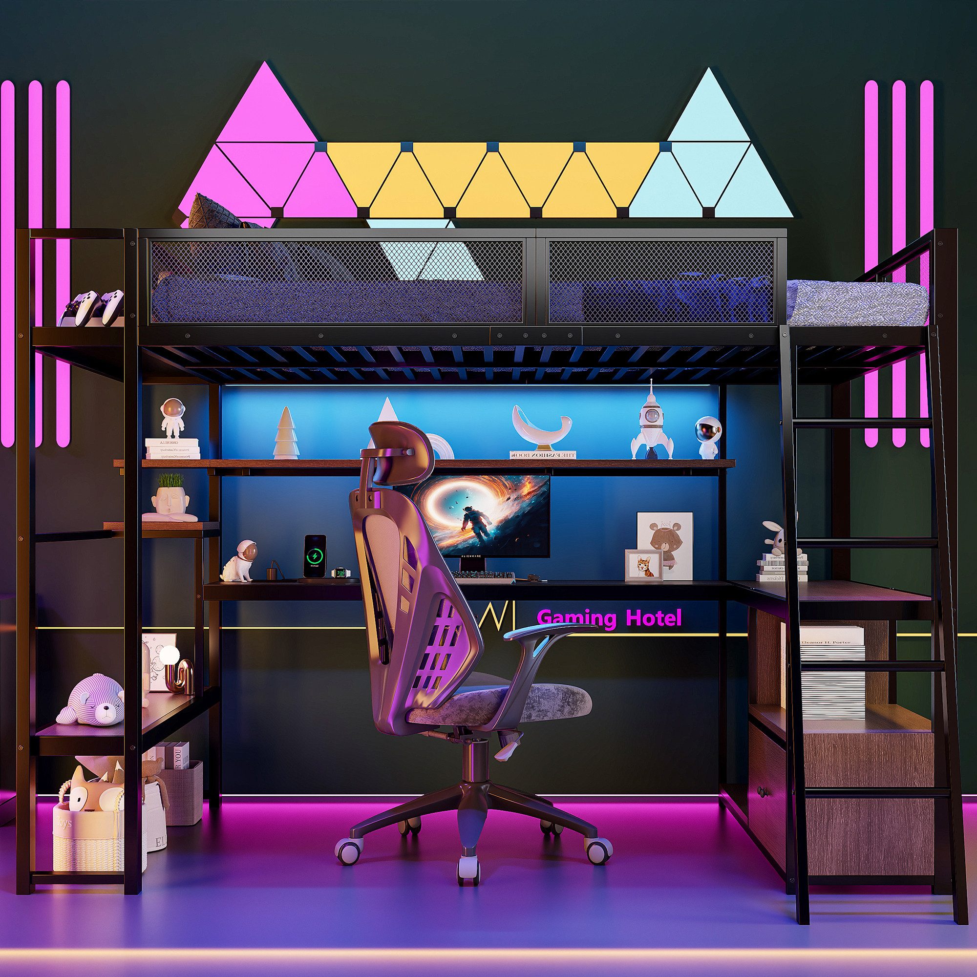 i@home Hochbett Metall-Gaming-Hochbett 140x200 cm (mit integriertem Schreibtisch, LED-Beleuchtung & USB-Ladestation, Hochbett mit Stauraum für Kinder, Jugendliche & Gamer) Ideal für kleine Zimmer und Gaming-Zimmer