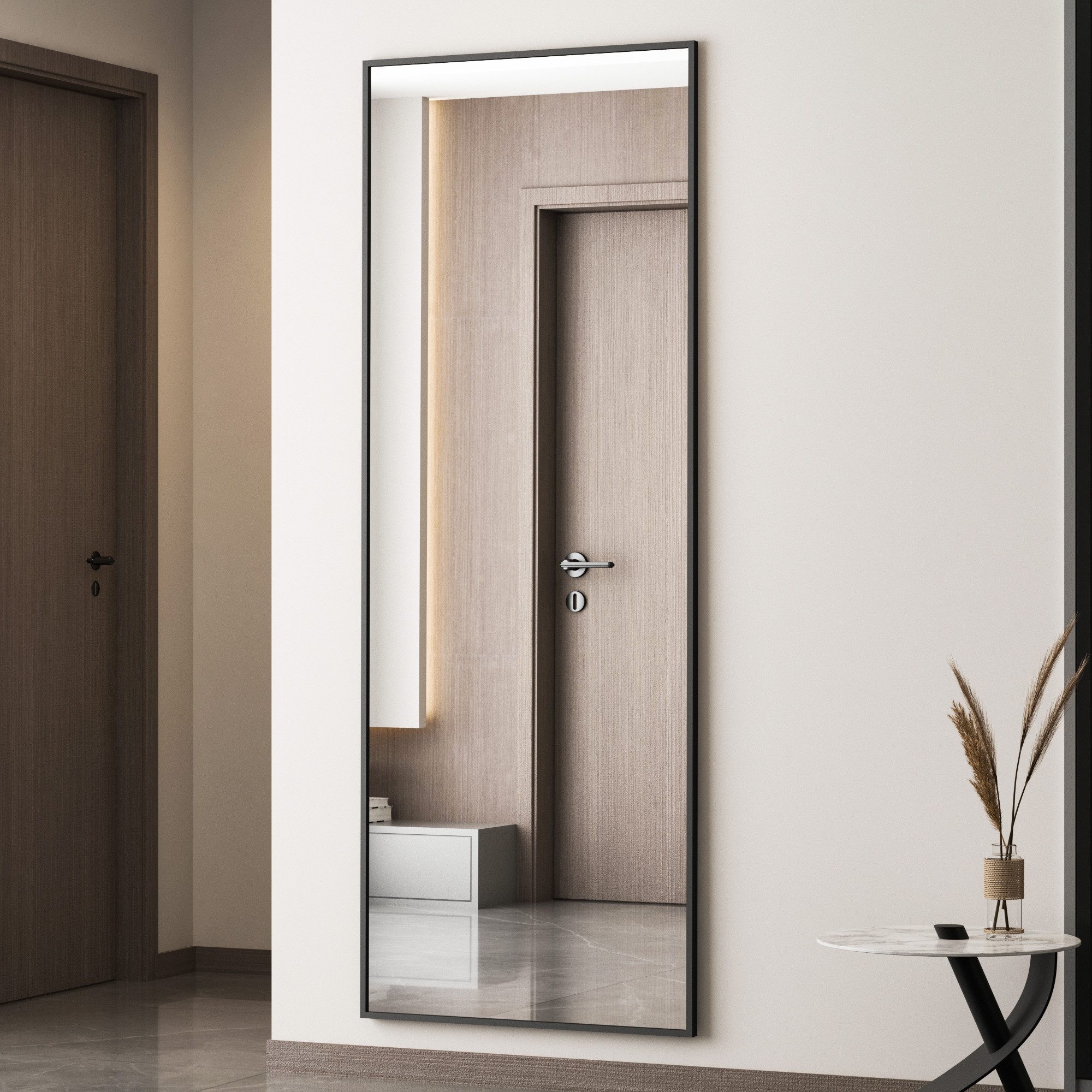 GOEZES Standspiegel 150x50cm Spiegel Wandspiegel groß Schwarz Flurspiegel ganzkörper (Ganzkörperspiegel eckig, mit Alu Rahmen, Metall Haken), 4 Installationsmethoden