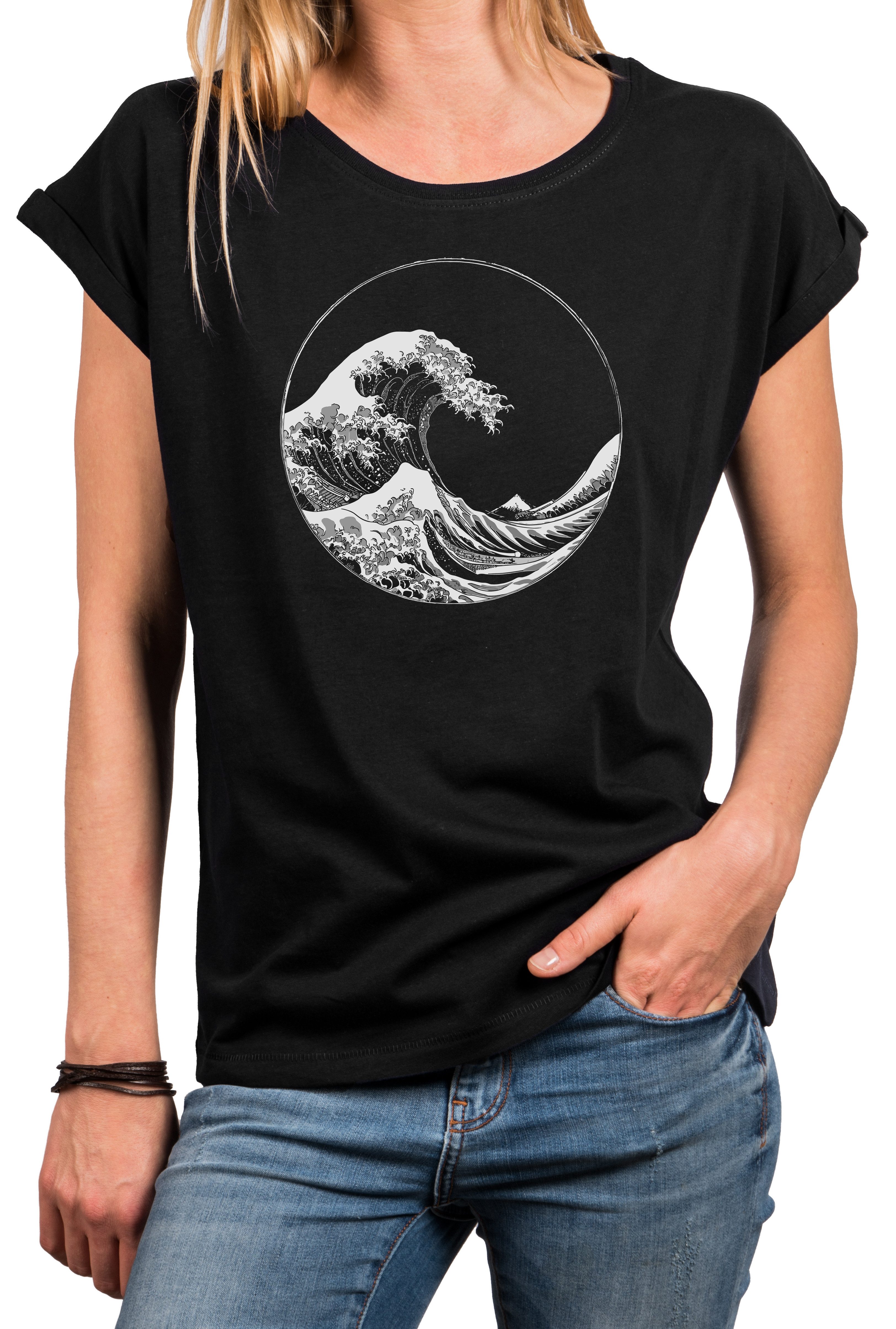 T-Shirt Maritimes Damen-Top mit Wellen-Motiv – Surf-Style für den Sommer