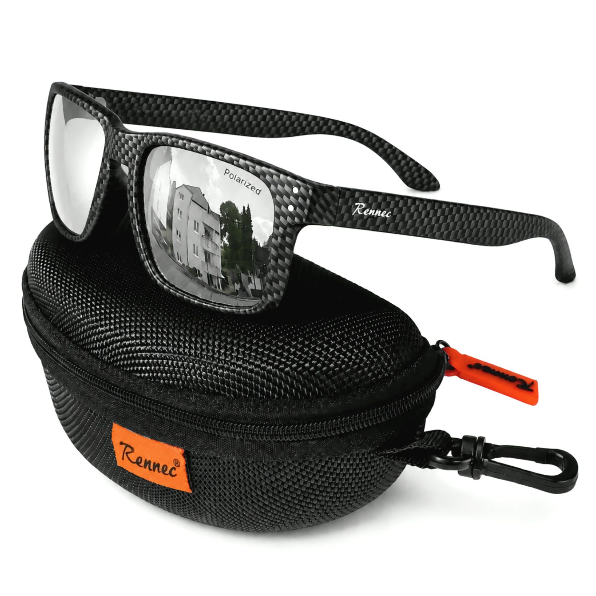 Rennec Sonnenbrille Herren Polarisiert Rechteckig Carbon Optik mit Hardcase Gläser UV400 Getönt oder Verspiegelt, Edelstahl Bügelgelenke 3in2