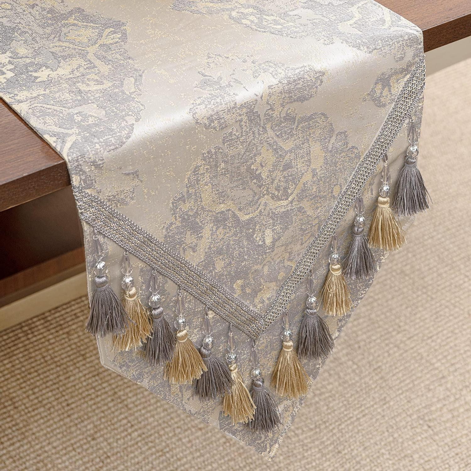 LuxusKollektion Tischläufer Tischläufer Jacquard mit Quasten 33x228cm Beige (1-tlg)