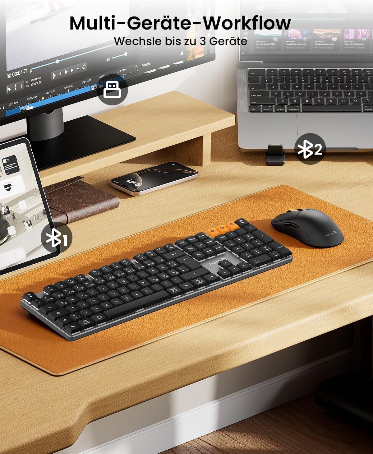 ProtoArc KM310 Mechanische Tastatur Maus Set Kabellos Tastatur- und Maus-Set, (für Windows/Mac), 2,4 G+Dual Bluetooth, Rotem Schalter, Multi-Gerät, QWERTZ Layout