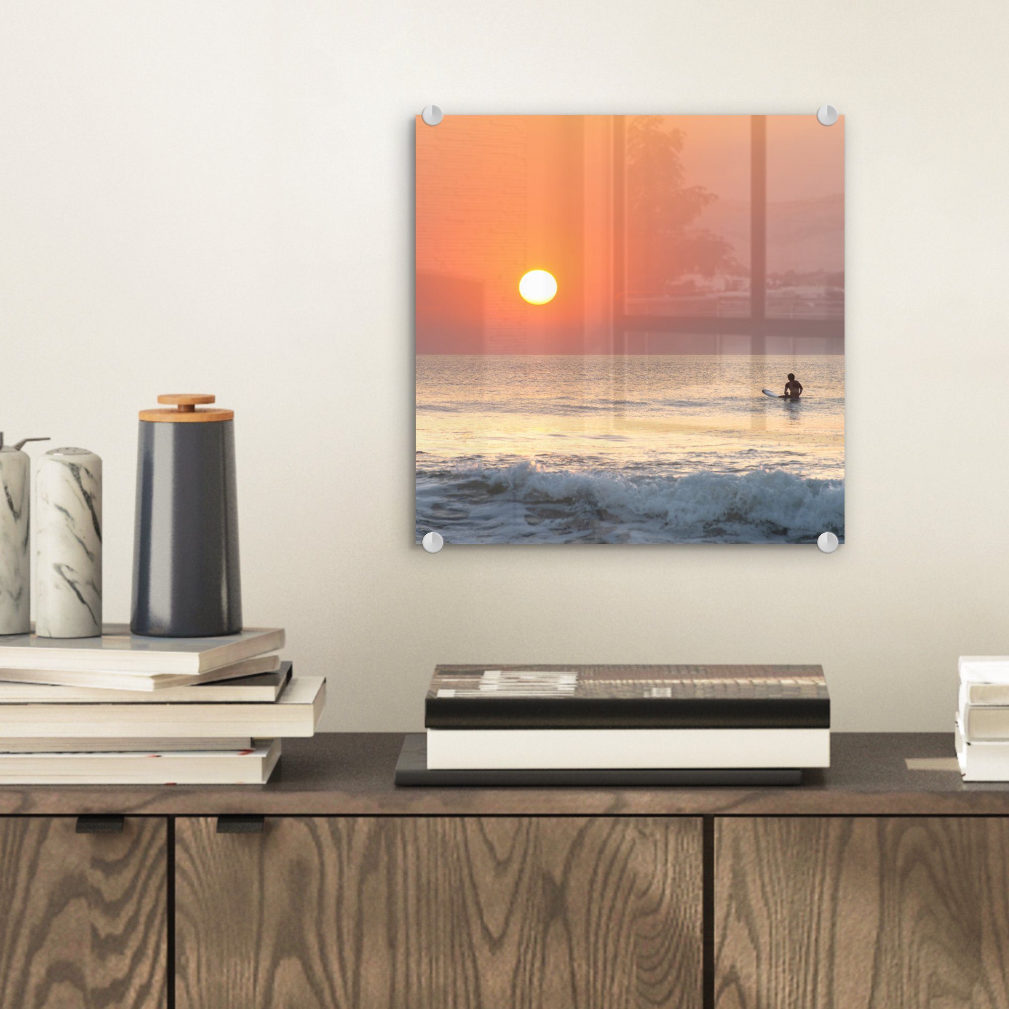 Sonne, Surfen Meer Glas auf Bilder - Wanddekoration auf - (1 St), - - Glas - Acrylglasbild Wandbild Foto Glasbilder MuchoWow