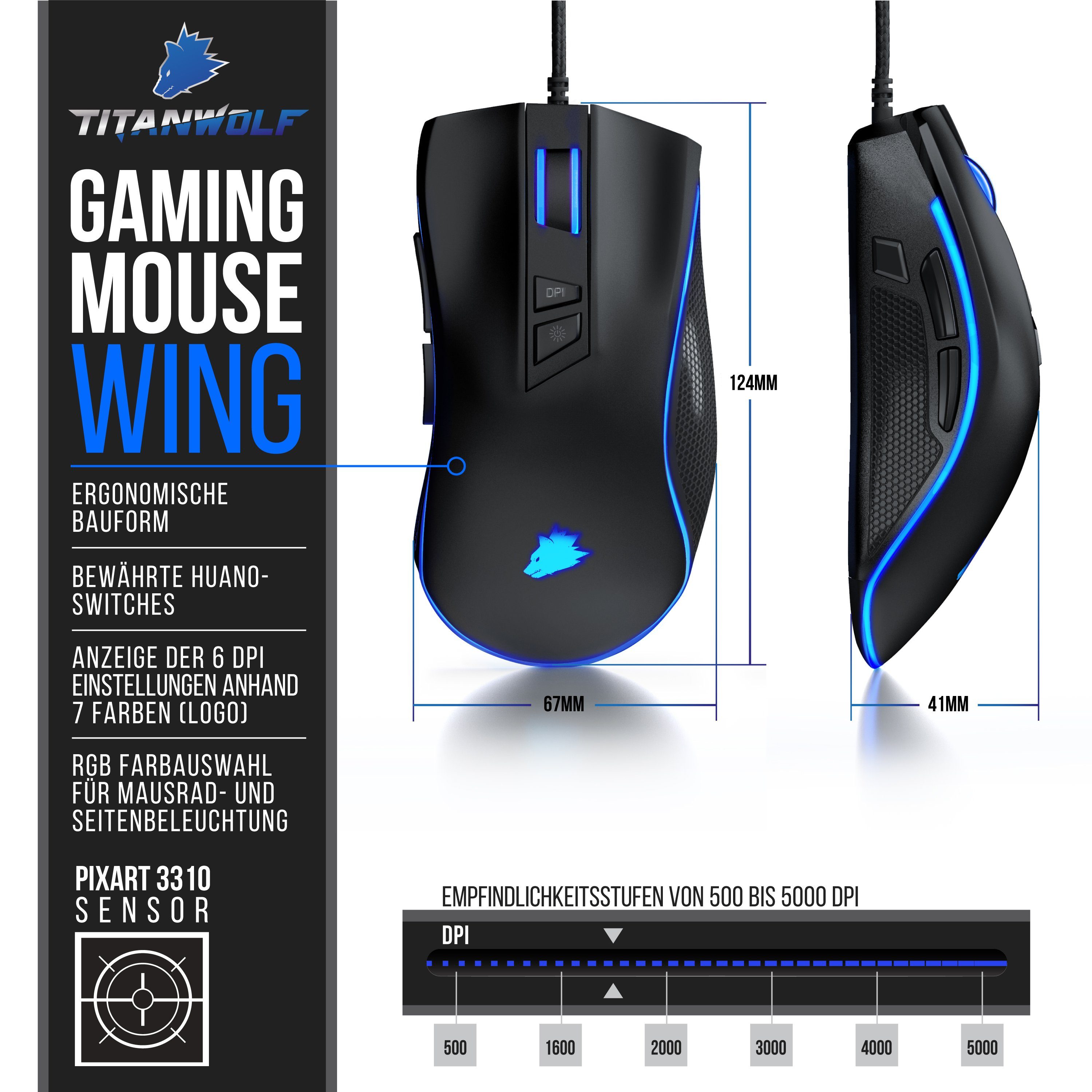 Titanwolf Gaming-Maus (kabelgebunden, 1000 austauschbaren Seitenteilen 12 2 5000 WING, dpi) Benutzerprofile dpi, 