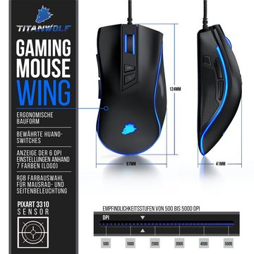 Titanwolf Gaming-Maus (kabelgebunden, 1000 dpi, 2 austauschbaren Seitenteilen WING, 12 Benutzerprofile / 5000 dpi)