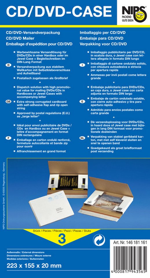 Thumbnail - NIPS Versandtasche CD/DVD-CASE Versandverpackung, L/B/H : 223 x 155 x 20 mm, Wellkarton, Karton, CD Jewel Mailer