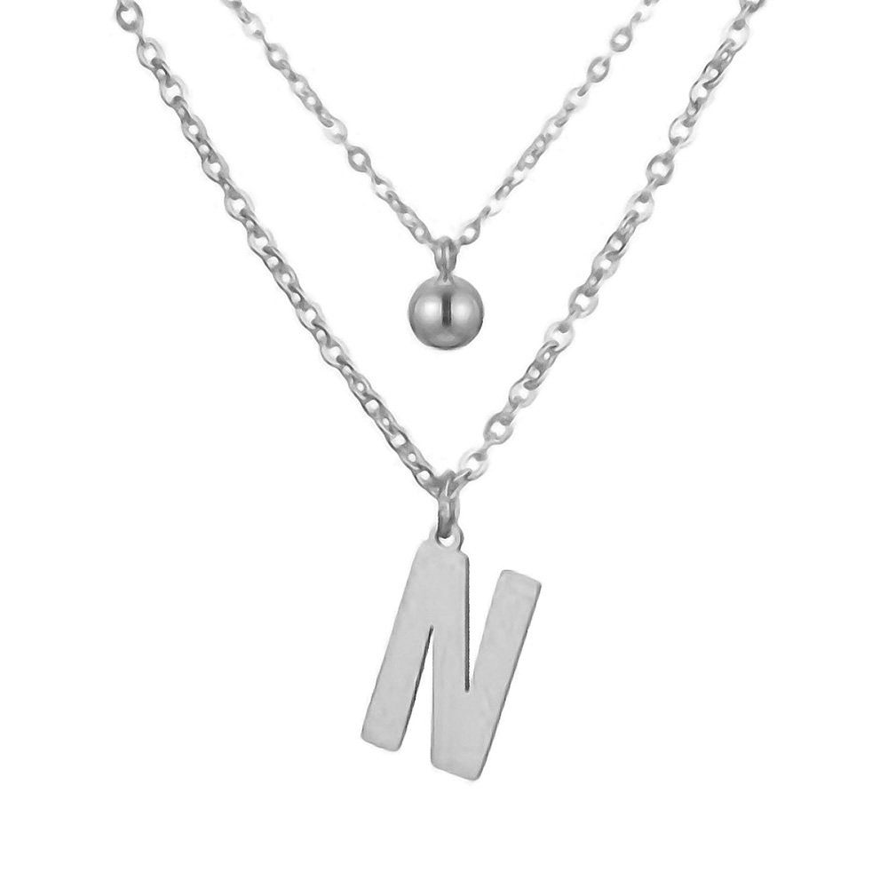 Valentinstagsgeschenk BUNGSA Kette mit Anhänger Doppel-Kette Buchstabe "N" Kugel Anhänger Silber Edelstahl Damen (1-tlg), Halskette Necklace, silberfa