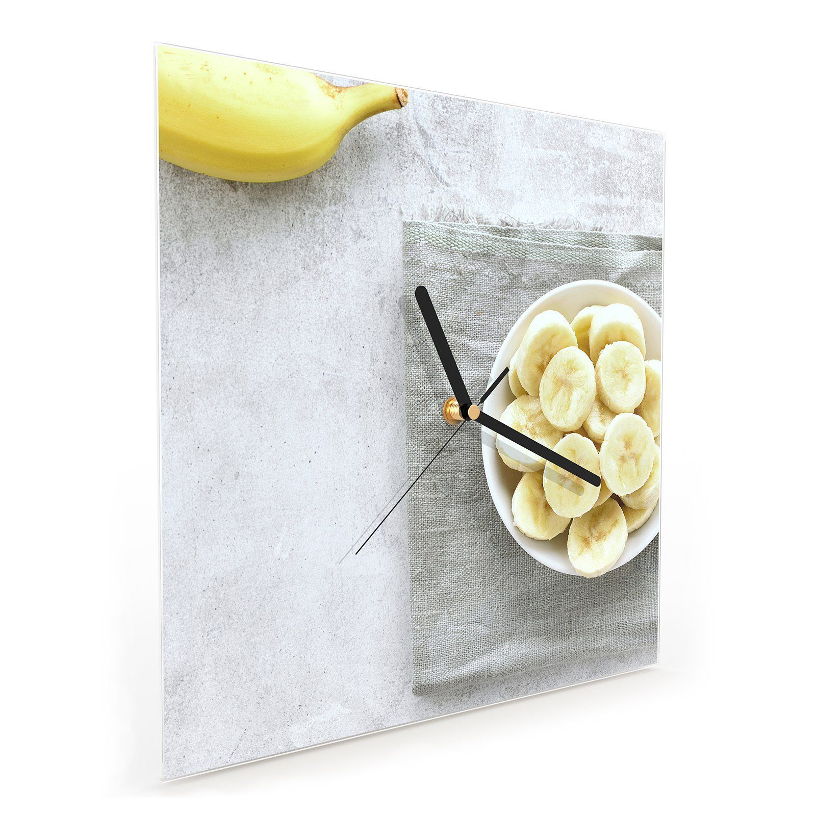 x Bananen Wanduhr Primedeco Wandkunst cm mit Wanduhr 30 30 Schale Tisch Motiv auf Größe in Glasuhr